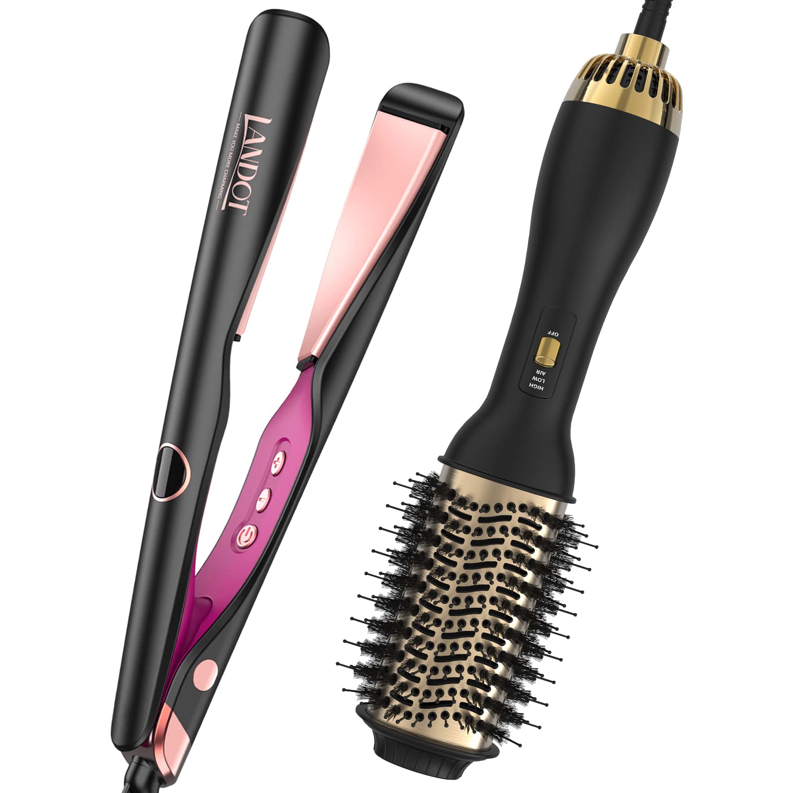 LANDOT Hair Straightener and Curler 2 in 1 with One-Step Blow Dryer Brush and Volumizer