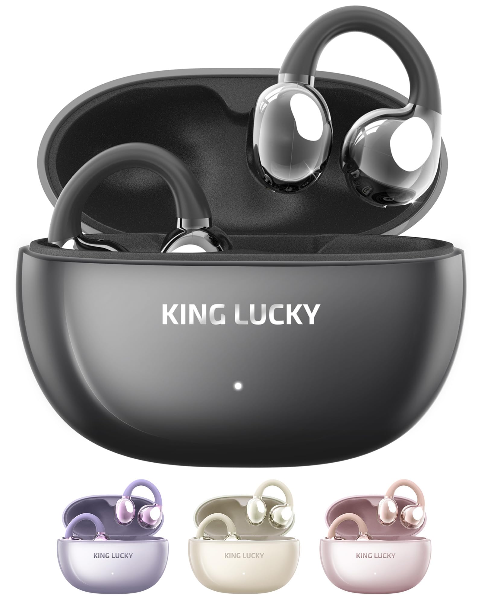 King Lucky Clip on Earbuds Open Ear Wireless Bluetooth 5.4 Headphones with Mic,50H Play,Noise Cancelling,Waterproof,Sports Ear Buds,Comfortable for Small Ears & Glasses Wearers,Workouts (Black)