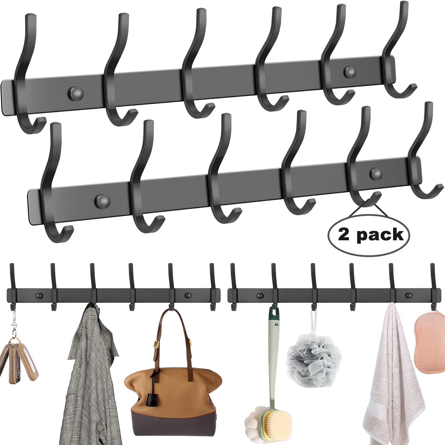 devesanter Coat Hooks Stainless Steel 2 Pack Multipurpose Heavy Duty Coat Hooks Wall with 6 Hooks Wardrobe Coat Rack Wall Coat Rack for Living Room, Hallway, Kitchen, Bedroom and Bathroom(Black)