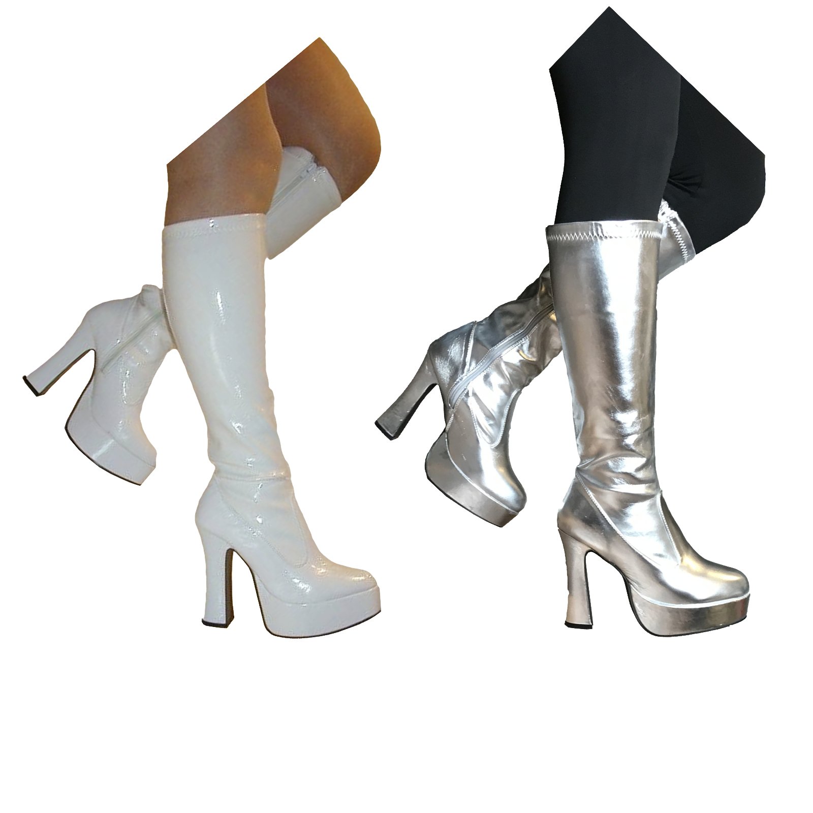 Fancy Dress gogo Platform super hero Party 60s 70s Retro Boots White or Silver