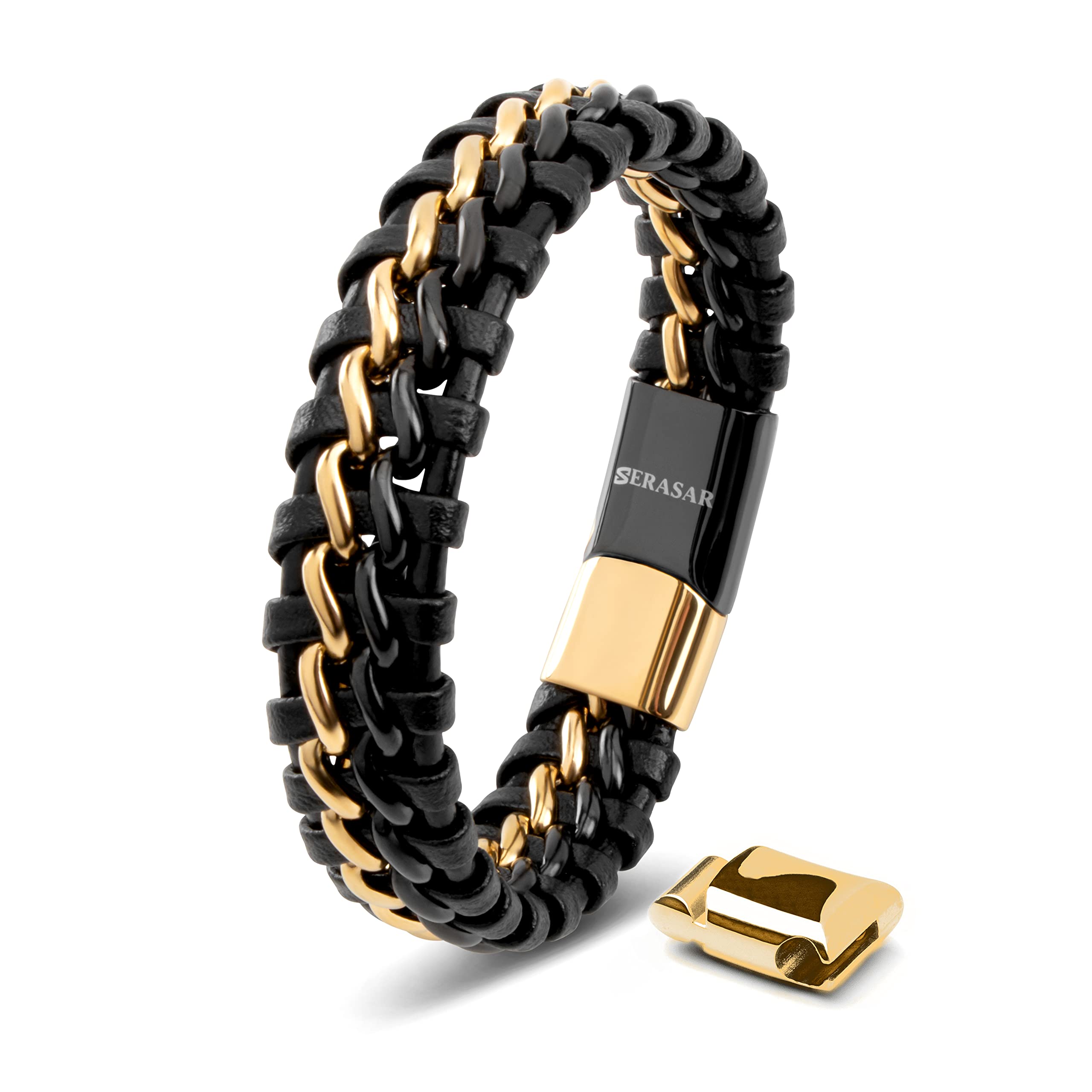 SERASAR | Premium Genuine Leather Bracelet for Men in Black | Magnetic Stainless Steel Clasp in Black, Silver and Gold | Inclusive Jewellery Box | Great Gift Idea