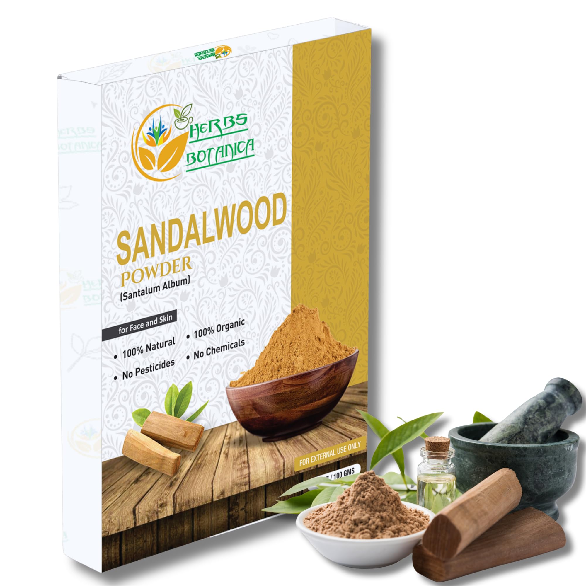 Herbs Botanica Chandan Sandalwood Powder Organic 100gm / 3.52 oz For Skin, Face Pack, Face Mask, Worship Tilak, Auspicious Occasions 100% Natural, Soothing, Cleansing, Wrinkles