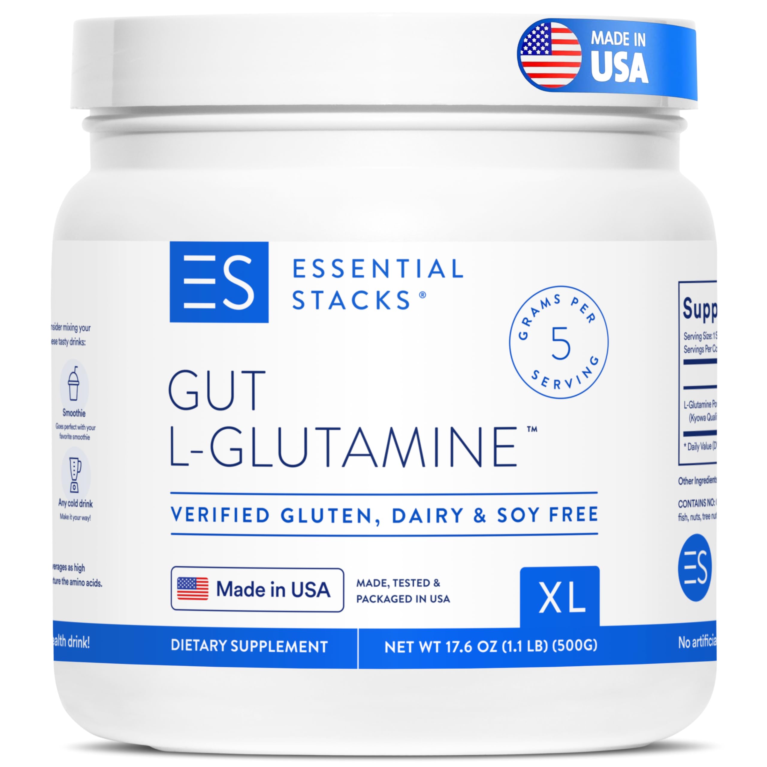 Essential Stacks Gut L Glutamine Powder XL (500 Grams) - Made in USA, Non-GMO, Gluten Free, Vegan, Unflavored (100 Servings)