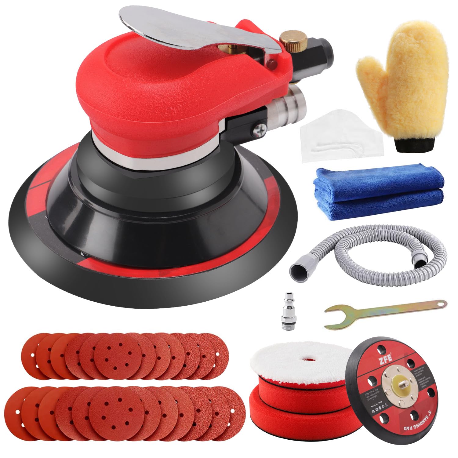 Random Orbital Sander 5" & 6" Pneumatic Palm Sander with Extra 5" Backing Plate, Sponge Polishing Pads, Sandpapers Low Vibration and Heavy Duty for Wood, Composites, Metal