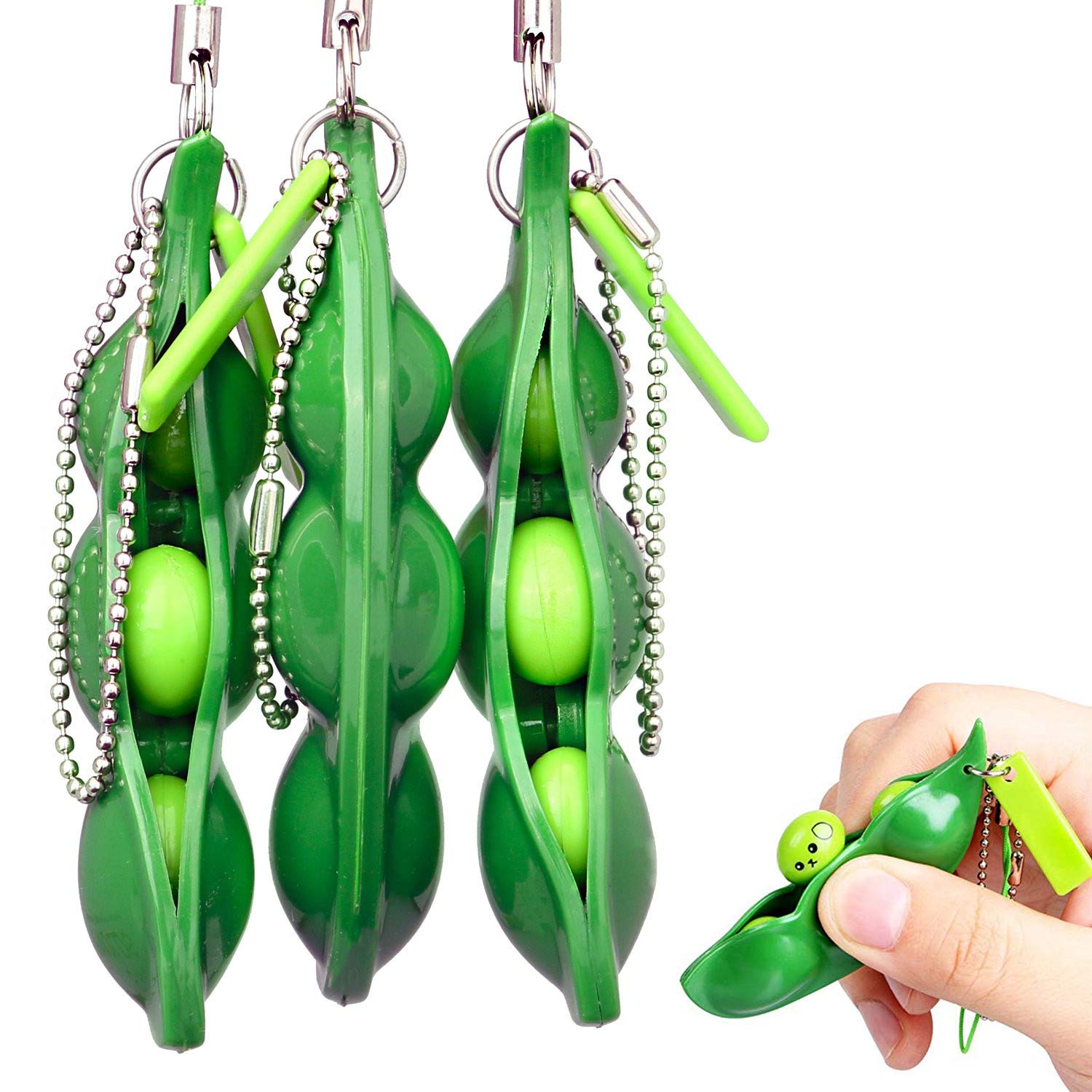 Squeeze Soybeans Fidget,3 pcs Pea Pod Fidget Relief Anxiety and Stress Fidgets Keyring Squishy Bean Keychain with Ring for Kids Adluts Key Cellphone Pendant