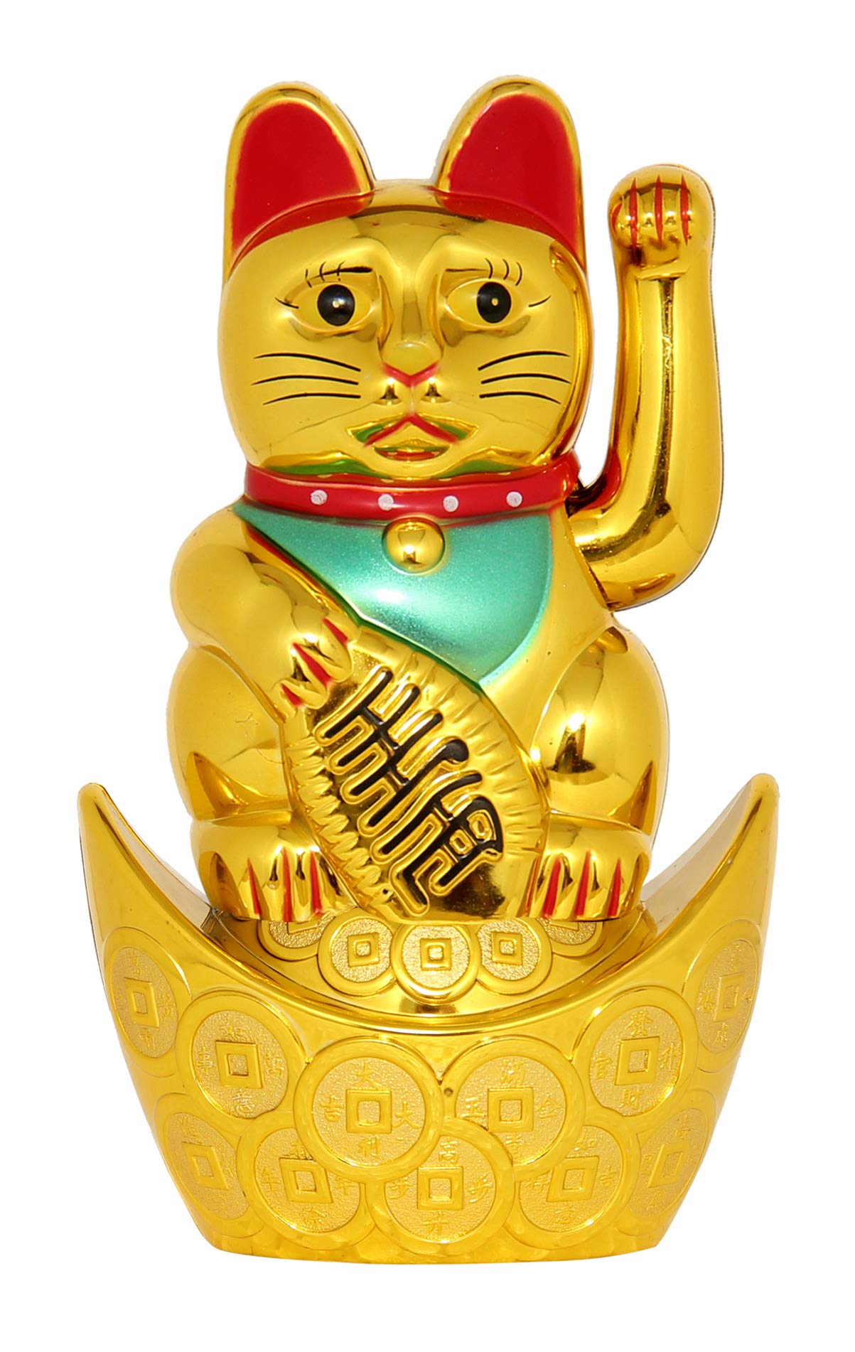 VASTU ART - Vastu Feng Shui Big Welcome Cat Sitting On Money Ingot (Boat) Golden Hand Waving Cat Maneki Neko Cat for Good Luck Health Wealth Prosperity and Happiness Decoration Showpiece