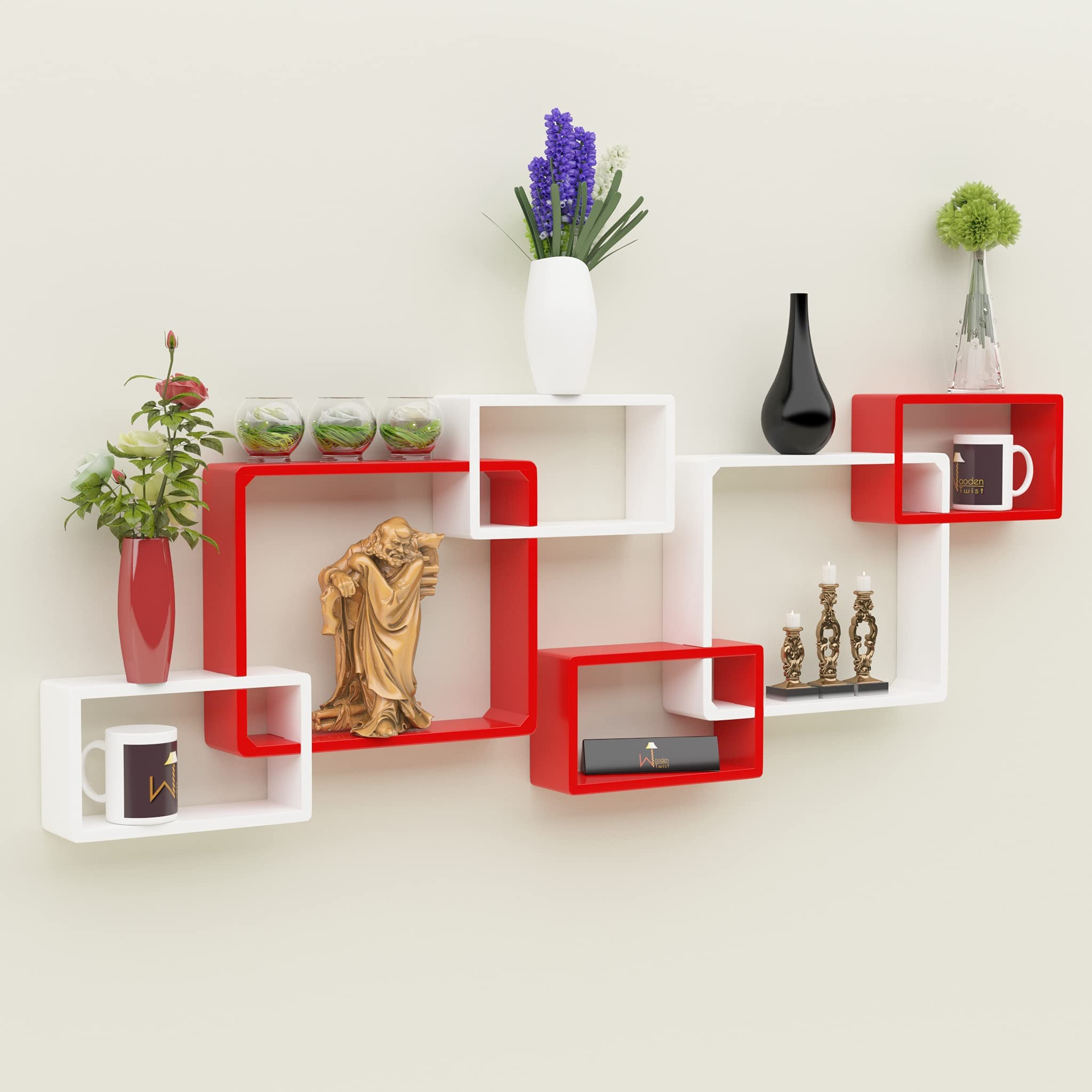 Onlineshoppee MDF Intersecting Wall Shelves (Red & White, Set of 6)