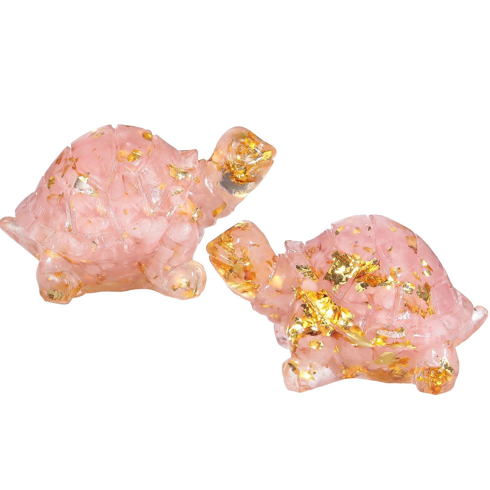 SUNYIK Pack of 2 Orgone Crystal Turtle Statue, Reiki Stone Tortoise Figurine Amulet Fengshui Sculpture for Home Office Decoration, Rose Quartz