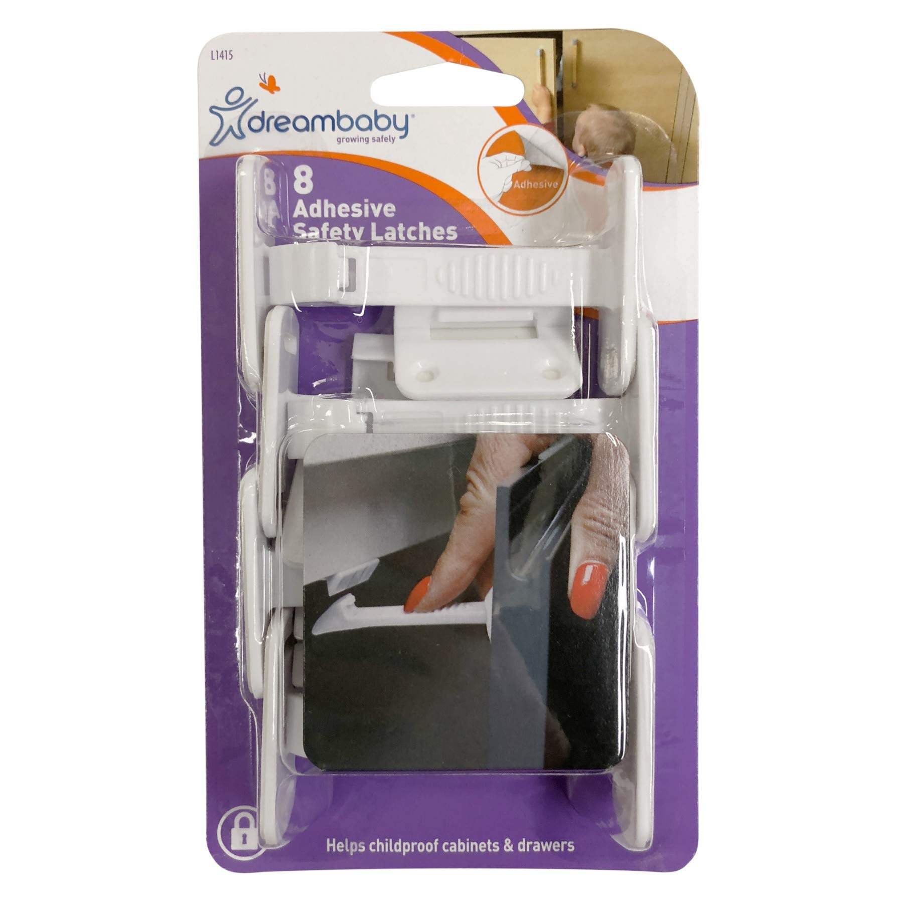 Dreambaby Adhesive Safety Latches for Drawers & Cabinets, White, 8 Count