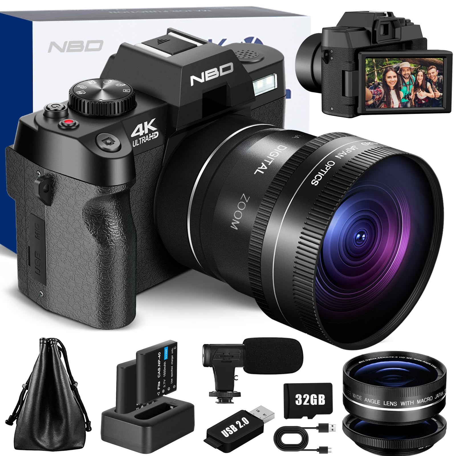 NBD 4K Digital Cameras for Photography - 48MP/60FPS Video Camera for Vlogging, WiFi & App Control, YouTube Vlogging Camera with 32GB TF Card. Wide-Angle NBD-S100P-QT-UK-2412