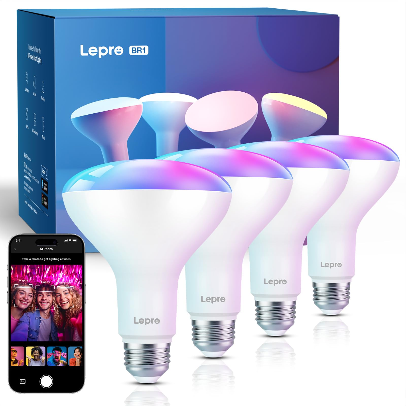 LeproBR1 Smart Light Bulbs - Al Generated Lighting, Mood Recognition, LightBeats Music Sync, RGBWW Color Changing, Voice Control Via App, Work with Alexa & Google Assistant, BR30 E26 8W, 4 Packs