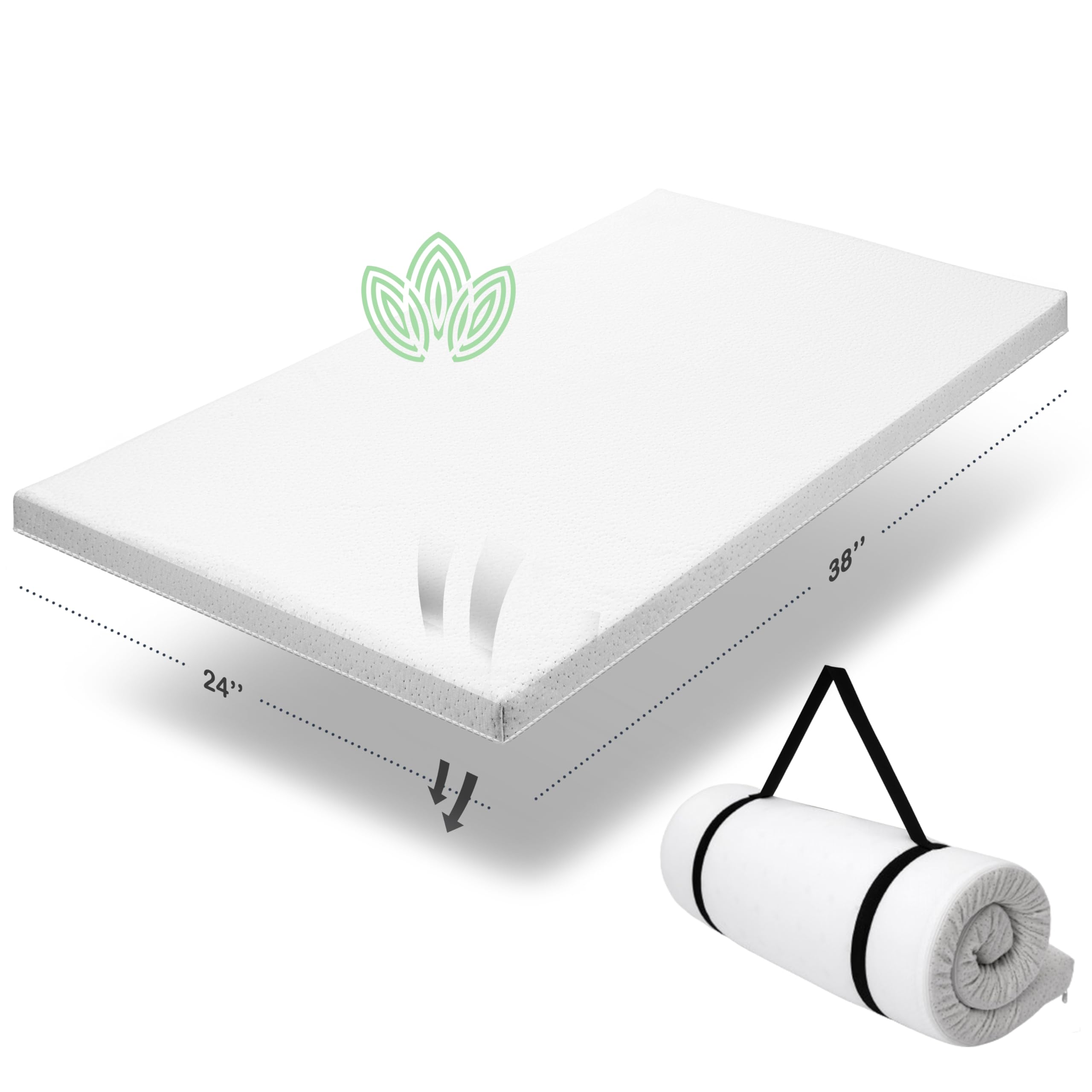 Organic Cotton Pack n Play Topper | CertiPUR-US Baby Mattress Pad for Portable Toddler Bed & Playard w/Washable Waterproof Cover, Soft Ventilated Foam Padding, Nonslip Bottom, Travel Strap | 38x24x1