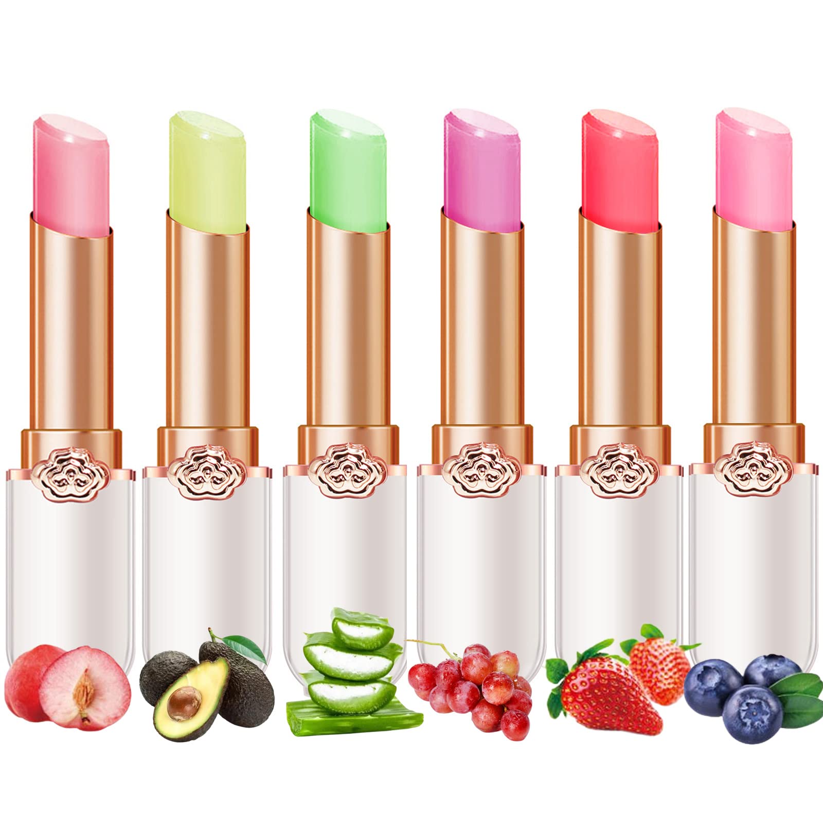 6 Pcs/Set Peach Aloe Vera Strawberry Blueberry Avocado Grape Jelly Lipstick Set Temperature Change Moisturizer flower Lip Stick Long Lasting Nutritious Lip Balm Magic Color Change Lip Gloss