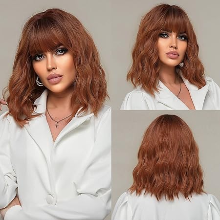 EMMOR Short Curly Wigs with Bangs,Wavy Bob Wigs for Women Heat Resistant Synthetic Wigs Shoulder Length Wigs Natural Looking (Auburn Ginger Orange)