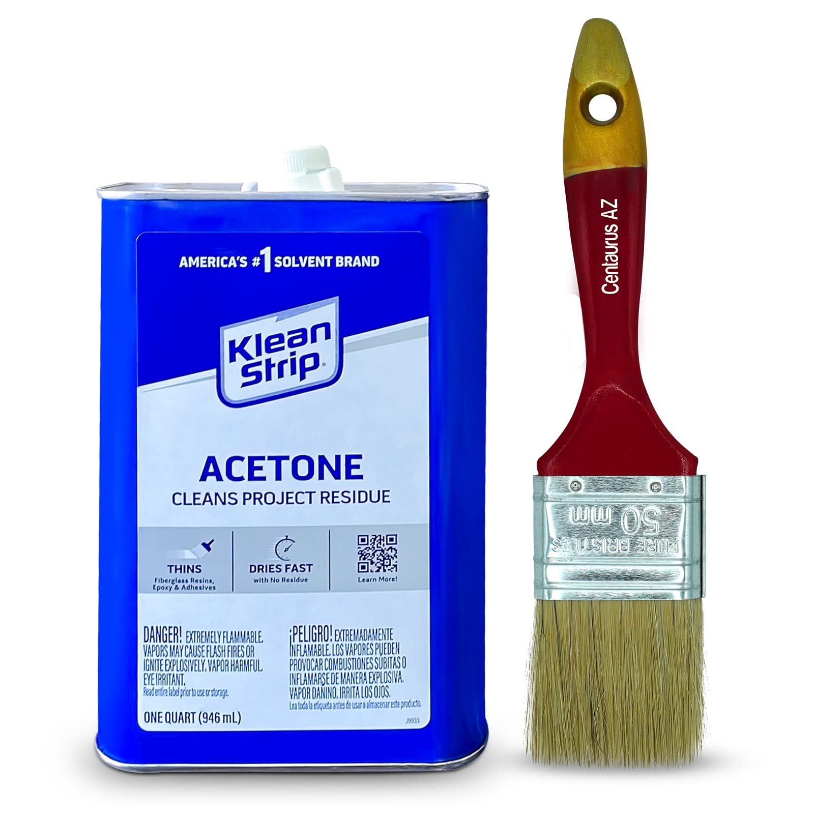 Klean-Strip Acetone Strong Fast-Acting Thinning Cleaning Fiberglass Epoxy Resins Adhesives Heavy Duty Degreaser 100% Pure Low VOC 1 Quart Premium 2 Inch Painter Brush by Centaurus AZ