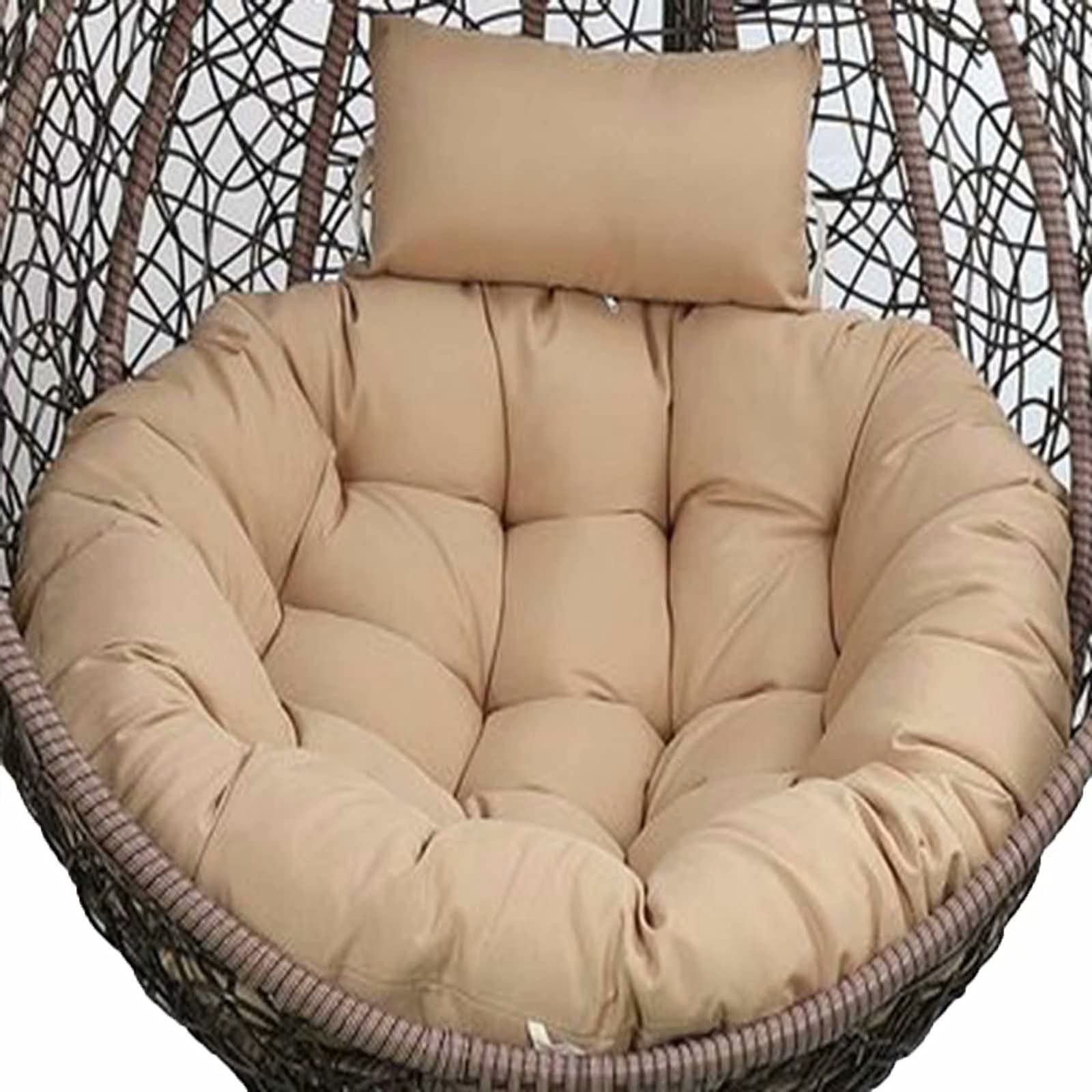 Egg Chair Cushion Replacement, Outdoor Hanging Swing Chair Seat Cushion, Thicken Round Garden Hammock Chair Cushion with Adjustable Headrest, Washable Papasan Chair Pads Cream