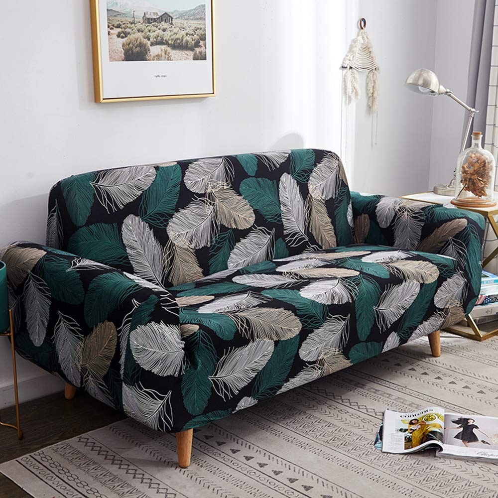 House of Quirk Polyester Spandex Printed Sofa Cover Big Elasticity Cover Stretch Universal Sofa Slipcovers (Green Fern, Four Seater)