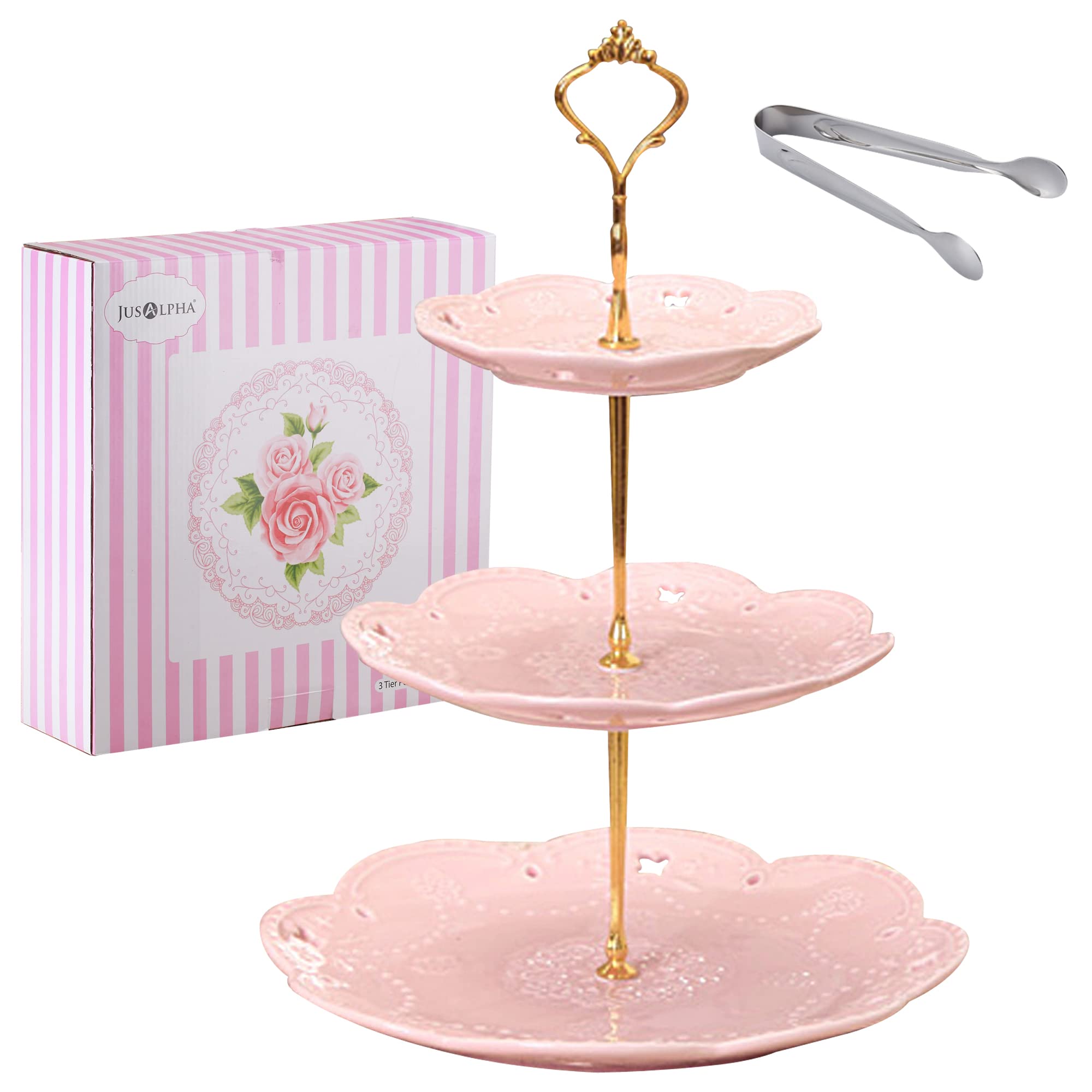 Jusalpha 3-Tier Pink Porcelain Cake Stand/Cupcake Stand/Dessert Stand/Tea Party Pastry Serving Platter/Food Display, Stand, Comes in a Gift Box- Free Sugar Tong, Pink