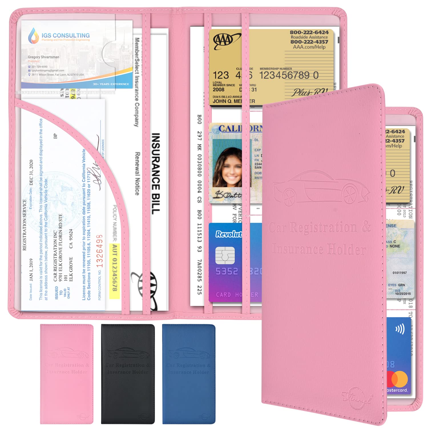 Car Registration and Insurance Holder, Timmel Premium PU Leather Girly Car Accessories Interior for Women, Truck Glove Box Organizer Auto Car Document Holder Wallet Case with Magnetic Closure for Essential Documents, Cards, Driver License -Pink