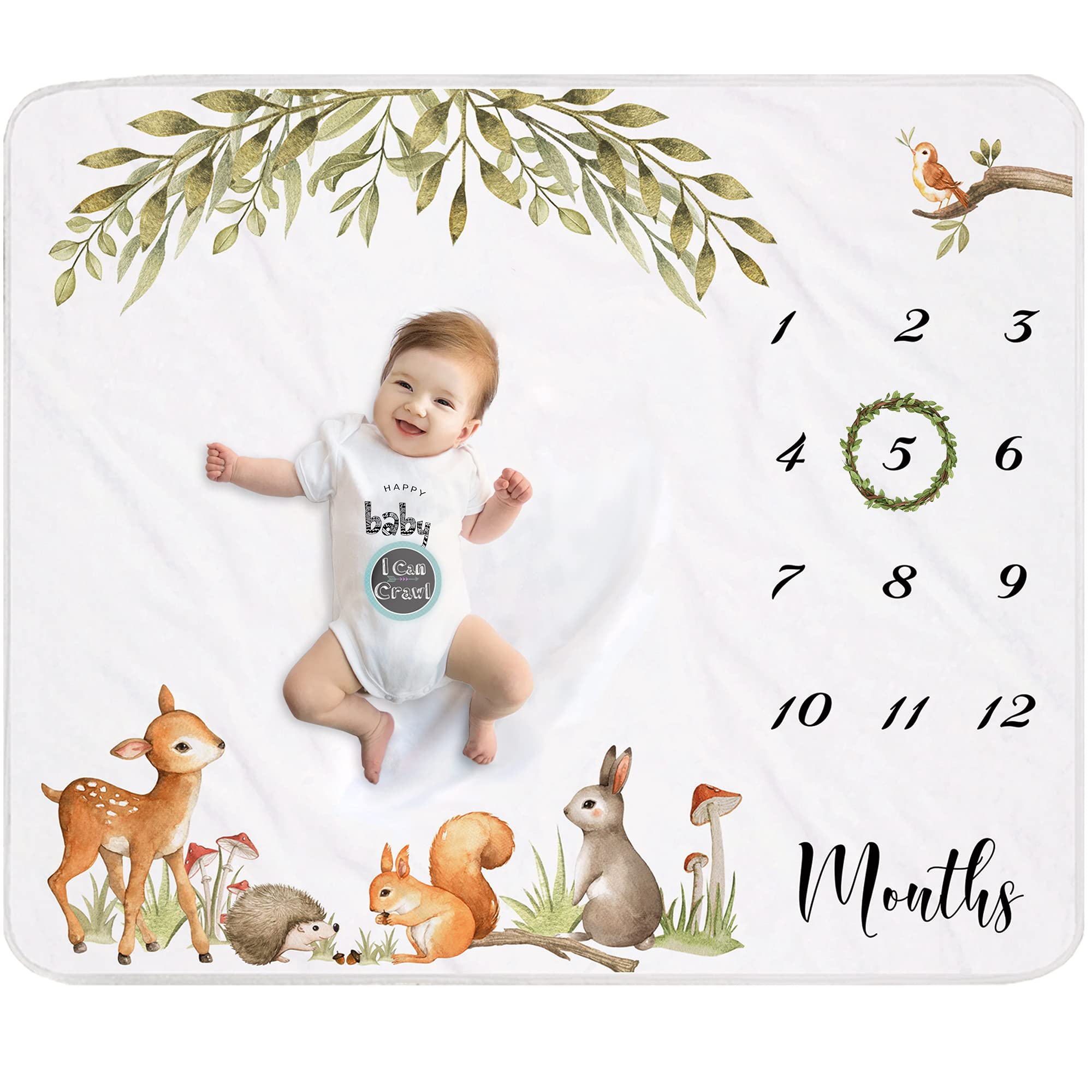 Yoothy Woodland Baby Monthly Milestone Blanket for Boy Girl Unisex, Gift for Baby Shower, Baby Photo Blanket for Newborn Picture, Wreath &12 Stickers Included, Soft Flannel Blanket 45''x40''