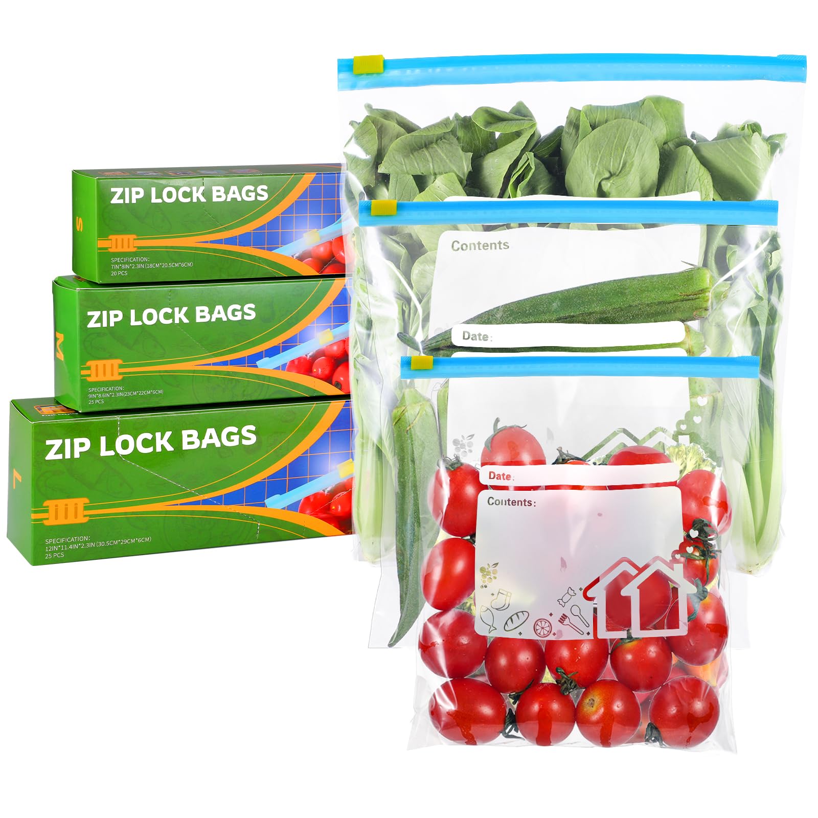 70 Pcs Food Storage Freezer Bags, 3 Sizes Zip Lock Bags (4.55L, 2.27L, 1L), Reusable Ziplock Bags Sandwich Bags with Expandable Bottom, Heavy Duty Food Bags for Fruits, Veggies, Meat, Snacks