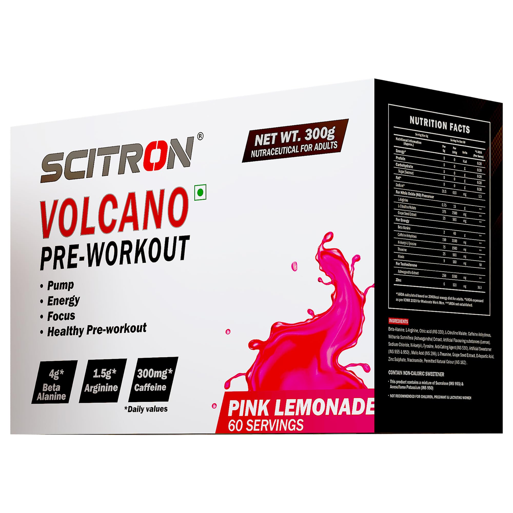 Scitron Volcano Pre Workout 300g, Pink Lemonade (60 Servings | 4g Beta Alanine | 1.5g Arginine | 300mg Caffeine | 0g Sugar | Boost Energy & Focus| Healthy Pre-workout)