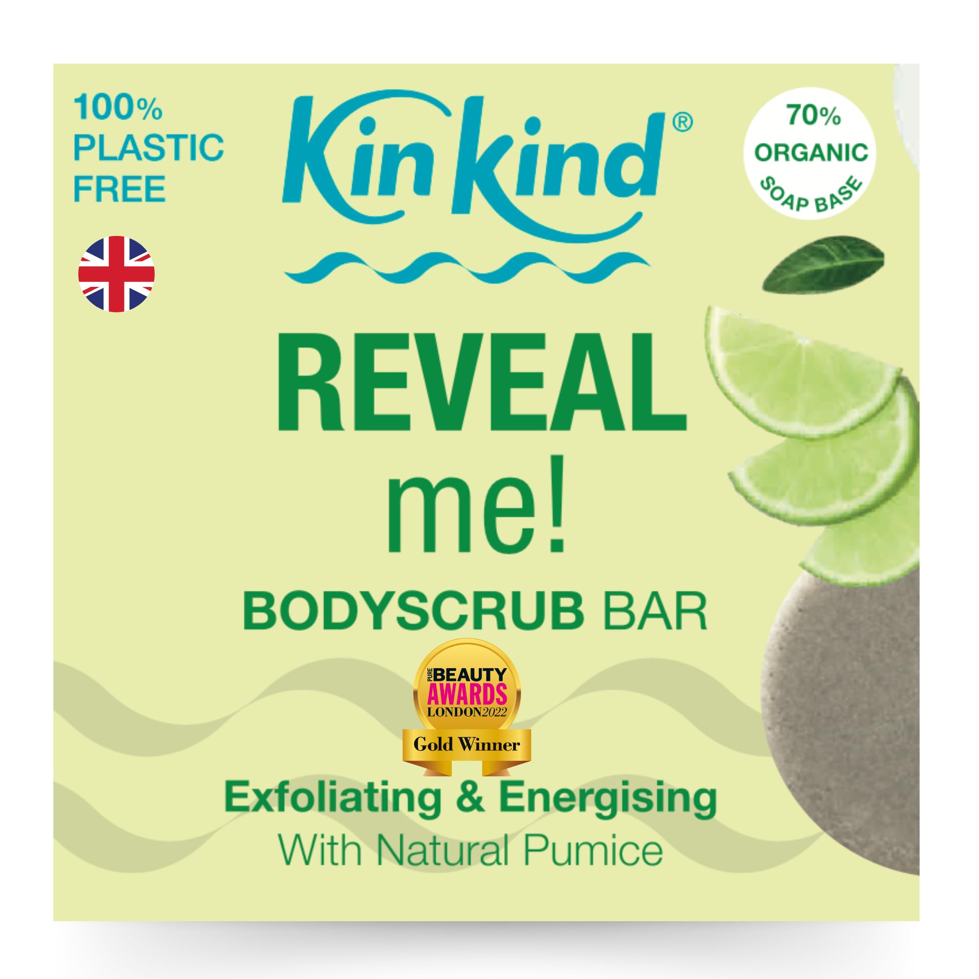 KinKind REVEAL me! Body Scrub Bar. Exfoliate to reveal fresh, new skin. Natural exfoliators. No plastic, No mess in the shower. Vegan & Cruelty free. UK made.