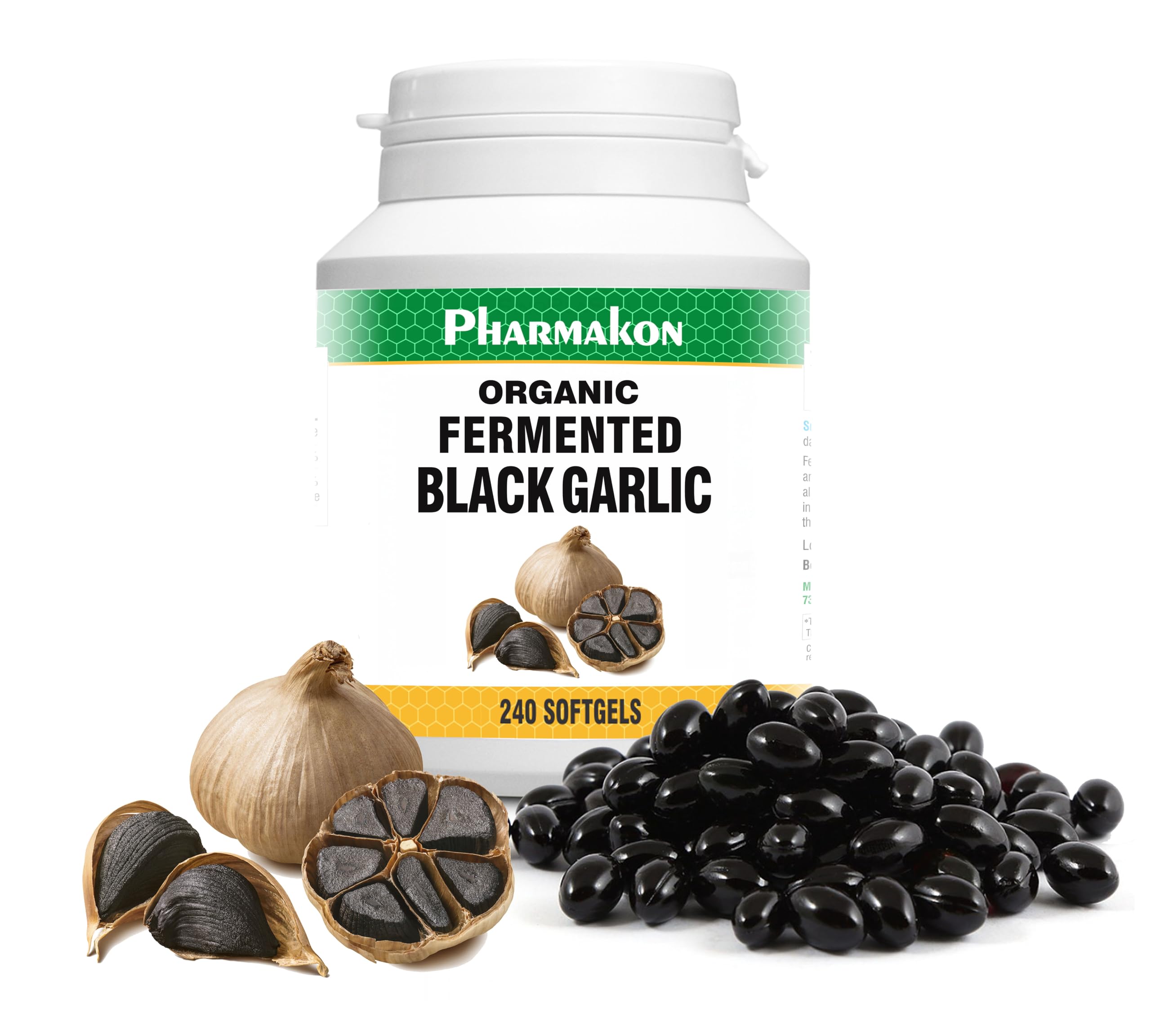 PHARMAKON Organic Aged Black Garlic, Bioavailable Soft Capsules, Wholesome, Reduced Odor (240 Count)