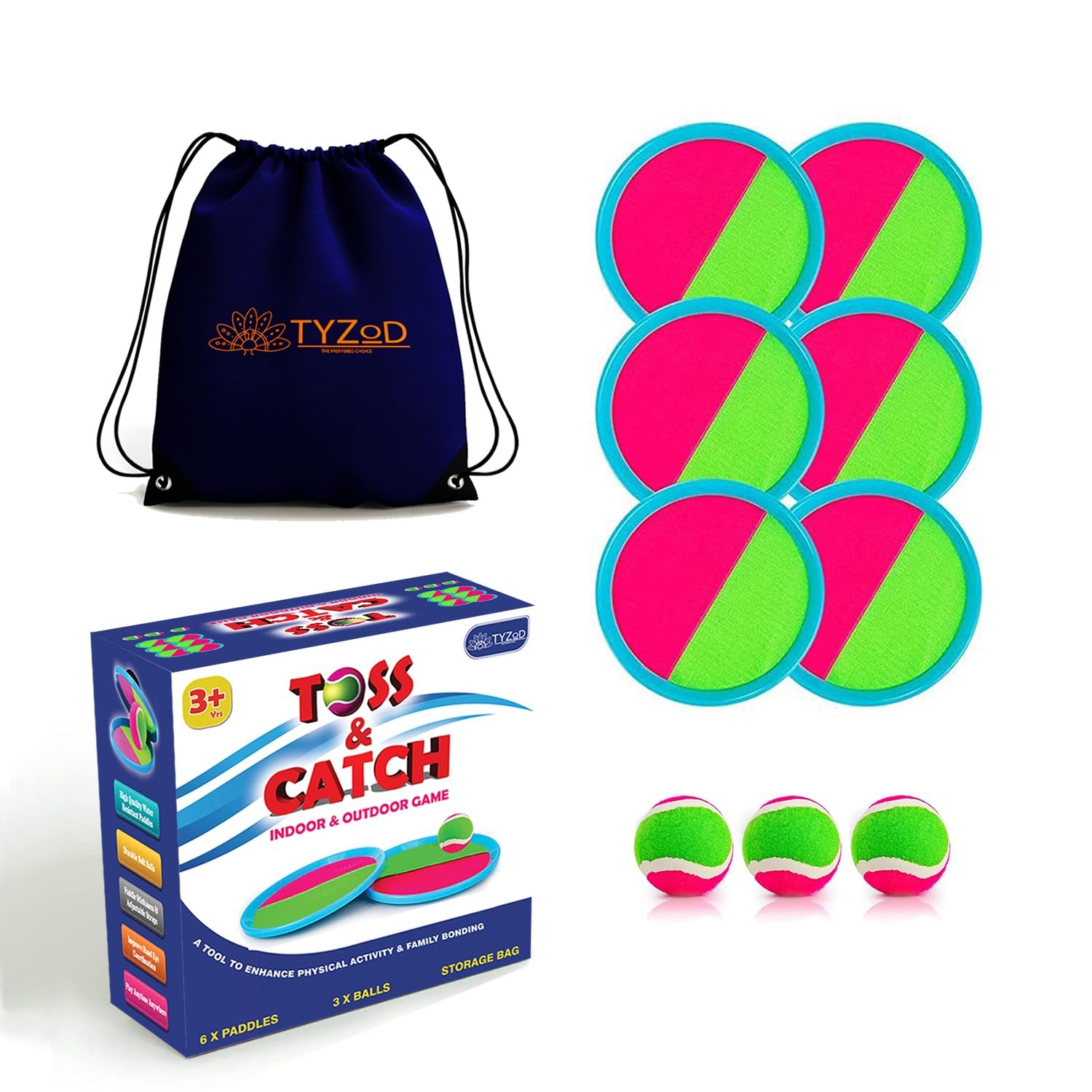 Toss and Catch Ball Set, Outdoor Games, Beach Games for Kids, Toss Ball and Catch Game Set for Kids/Family (6 Paddles, 3 Balls and 1 Storage Bag)