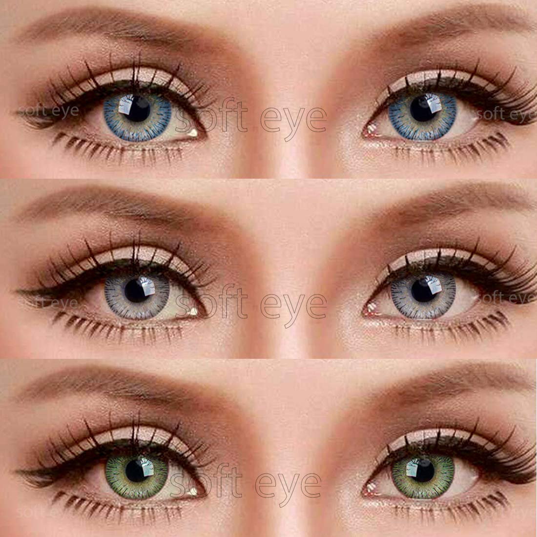 Soft Eye 3 Pair (Green, Grey & Dark Blue) 0 Power Monthly Contact Lens 0 Dioptres 6 + Multi Plus Solution with Lens Storage Box