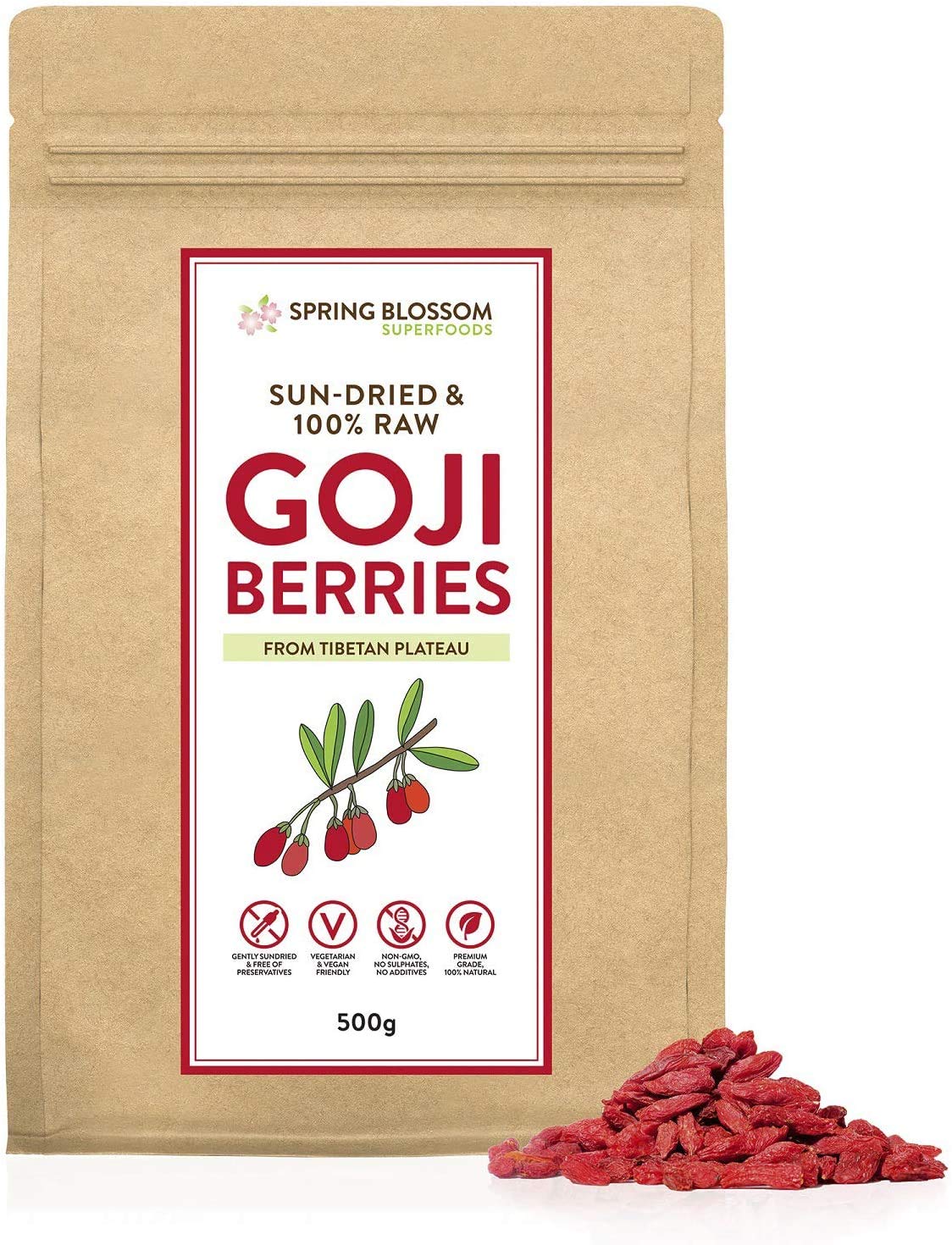 500G 100% Natural Goji Berries from Tibetan Plateau, Large RAW & Sun-Dried, Pure Wolfberry Fruit Snack, No Additives, Pesticides, Sulphites, Non-GMO, Gluten-Free, Vegan/Vegetarian Healthy Superfood