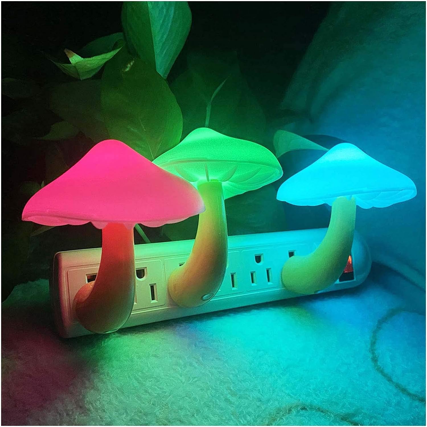 [3 Pack Plug-in LED Mushroom Night Light Lamp with Dusk to Dawn Sensor,Plug in Bed Cute Nightlight lamp Wall Baby Lights for Kids Children (7-Color)