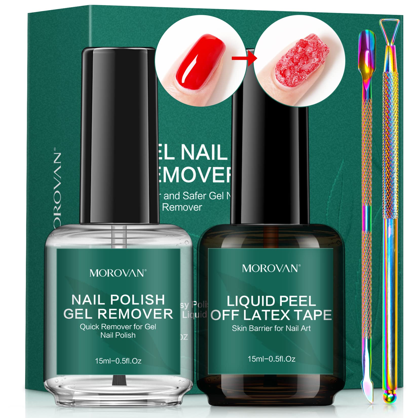 Morovan Gel Nail Polish Remover Kit - 2 Pack Non-Acetone Nail Remover Set Latex Tape Peel Off Liquid - Professional Quick Easy Remove Fingernail Soak-Off UV Gel Polish Coat 2-3 Minutes, 15ml/0.5fl.oz