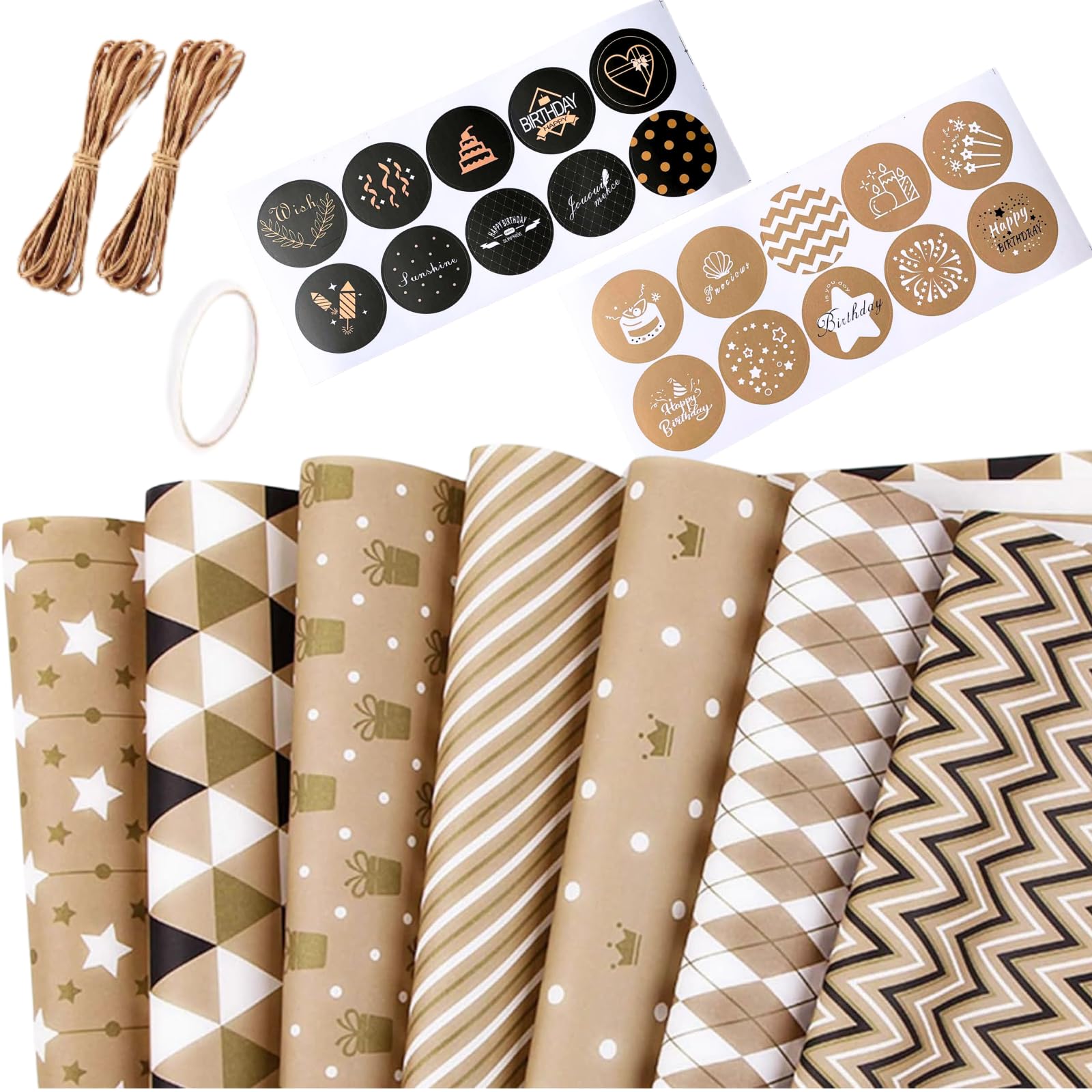 JOIMAR Gift Wrapping Paper sheets Set Included 7 Pack Gift Kraft Wrap Paper with Hemp String Sticker and Tape for Birthday Party Graduation Eid Boys Girls kids baby Men Women 50 cm X 70 cm Per Sheet