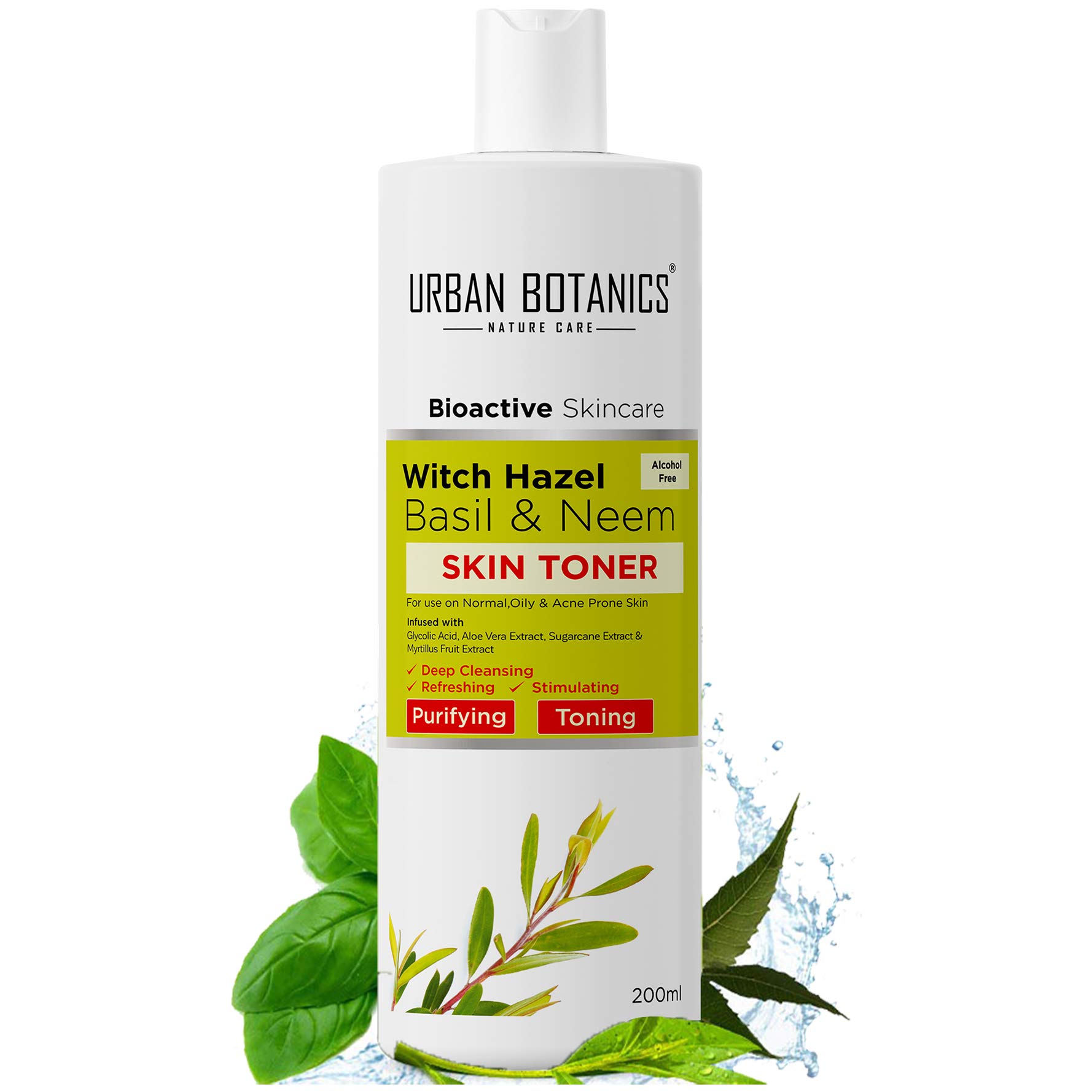 UrbanBotanics® Alcohol Free Toner for Face with Witch Hazel, Neem, Basil & Glycolic Acid - Face Toner for Oily Skin, Normal Skin & Acne Prone Skin - Pore Tightening, Cleansing & Whitening, 200ml