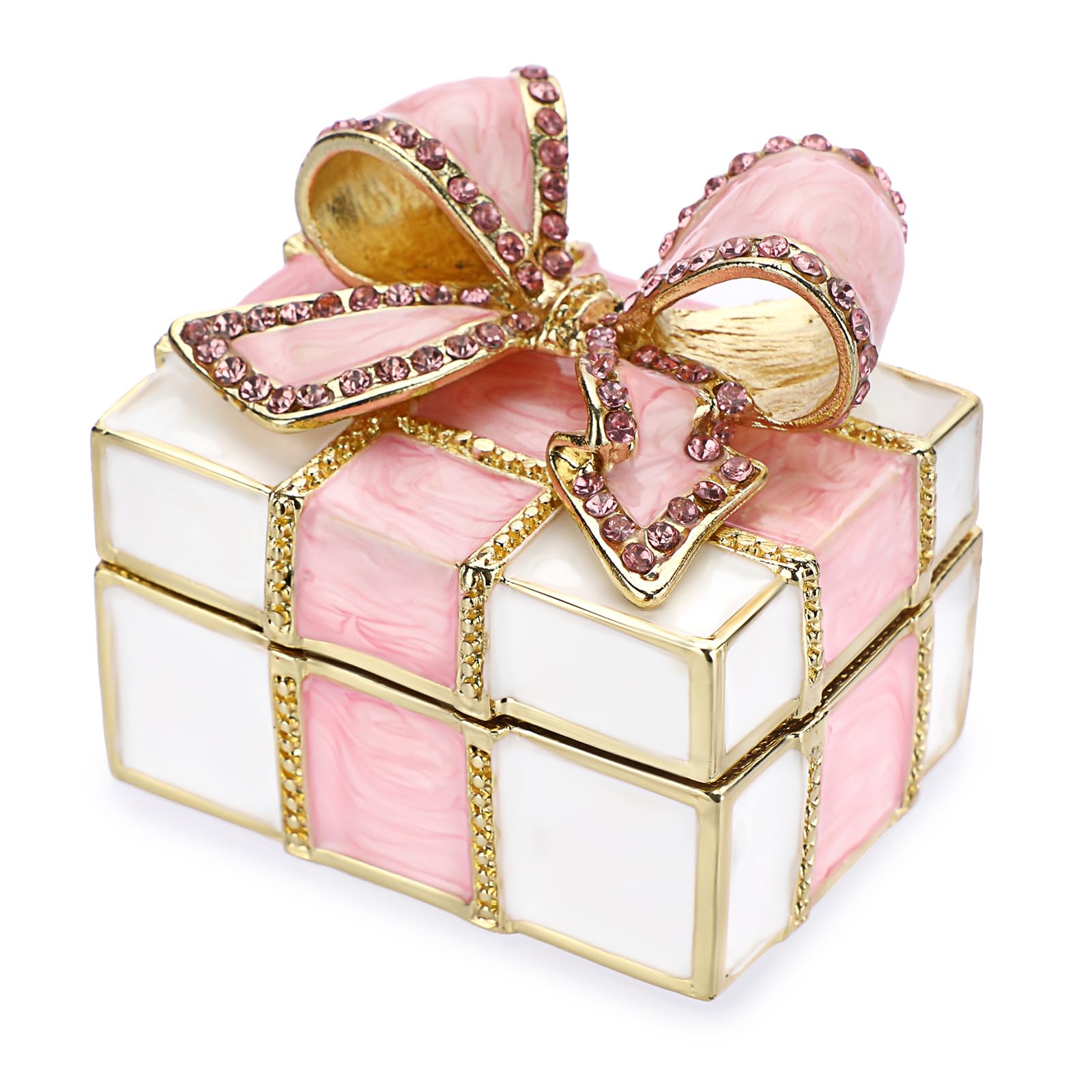 ELLDOOMini Trinket Box, Bow-knot Gift Box Style Hinged Jewelry Box Vintage Metal Enameled Decorative Box Ring Earrings Jewelry Organizer Gift Box for Women Girls, Pink