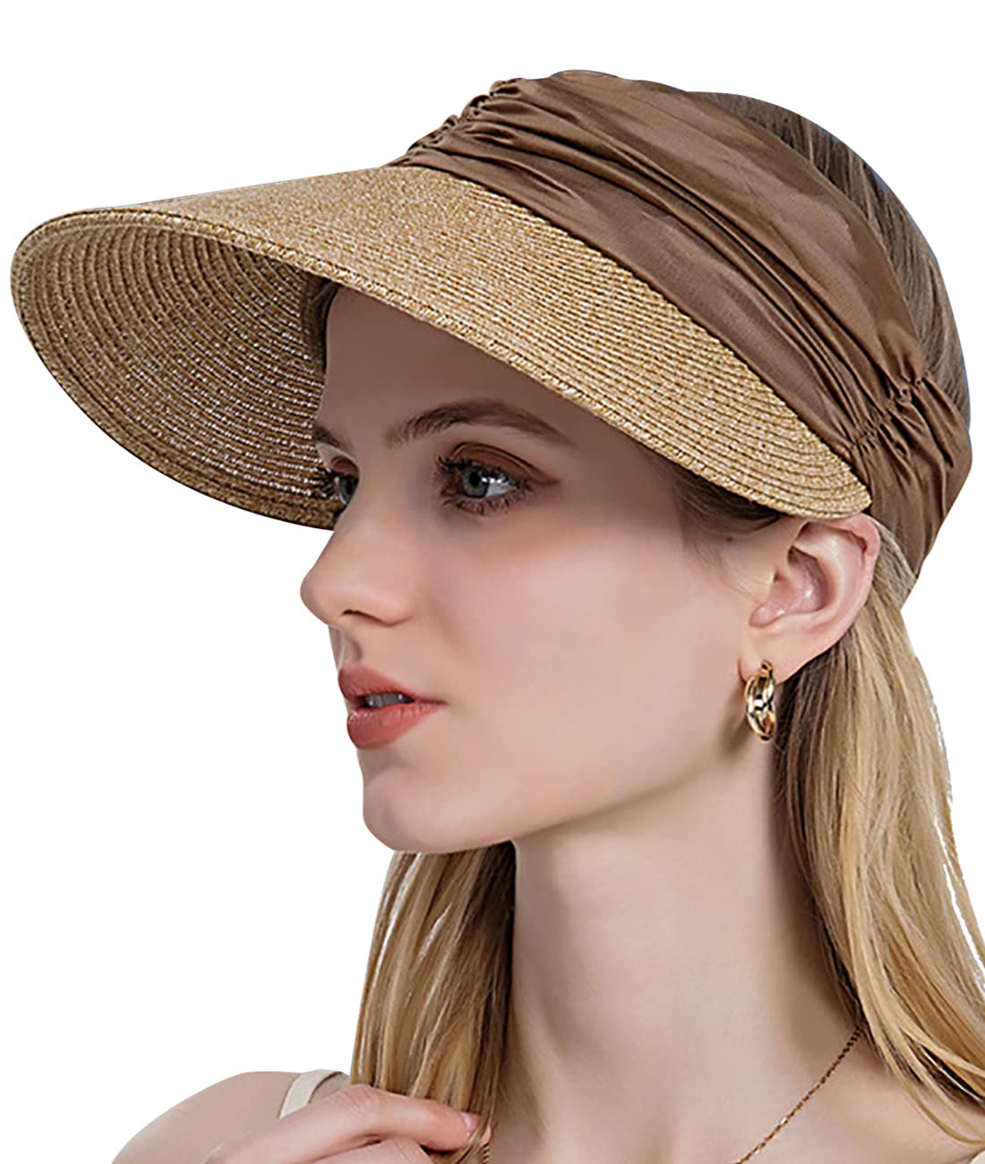 GREUSSun Visors for Women Summer UV Protection Roll-up Straw Sun Hat Womens Wide Brim Packable Ponytail Beach Straw Hat