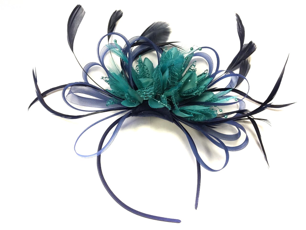 Navy Blue and Teal Net Fascinator Headband Turquoise Feather Hair Wedding Royal Ascot Races