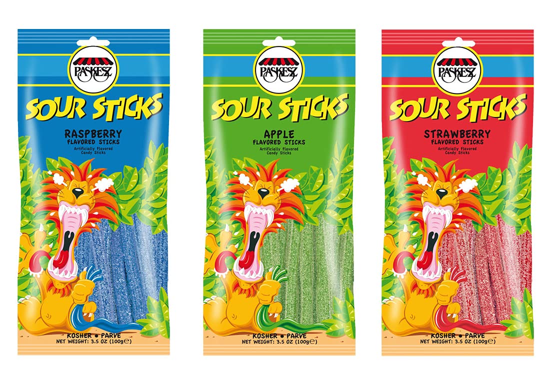 Paskesz Sour Sticks 3 Flavor Bundle - Apple - Strawberry - Raspberry - 3.5 Oz. Pack Of 3 (1 Bag Of Each Flavor), Multi, 3.5 Ounce Bags