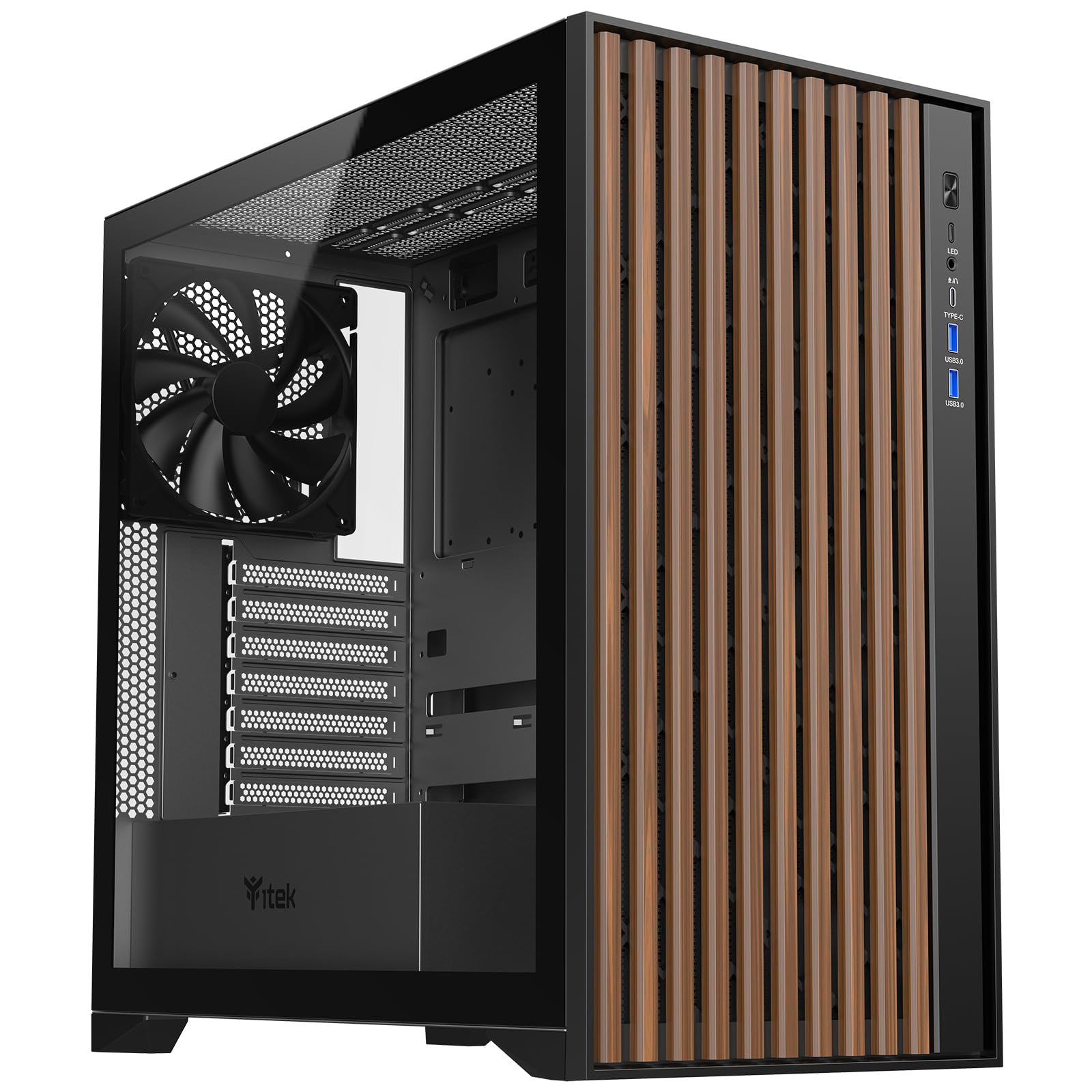 Itek Case Woody Gaming Tower, ATX, 3 x 14 cm Black Fan, 2 x USB 3, Type-C, Wood Front, Temp Glass Side Panel