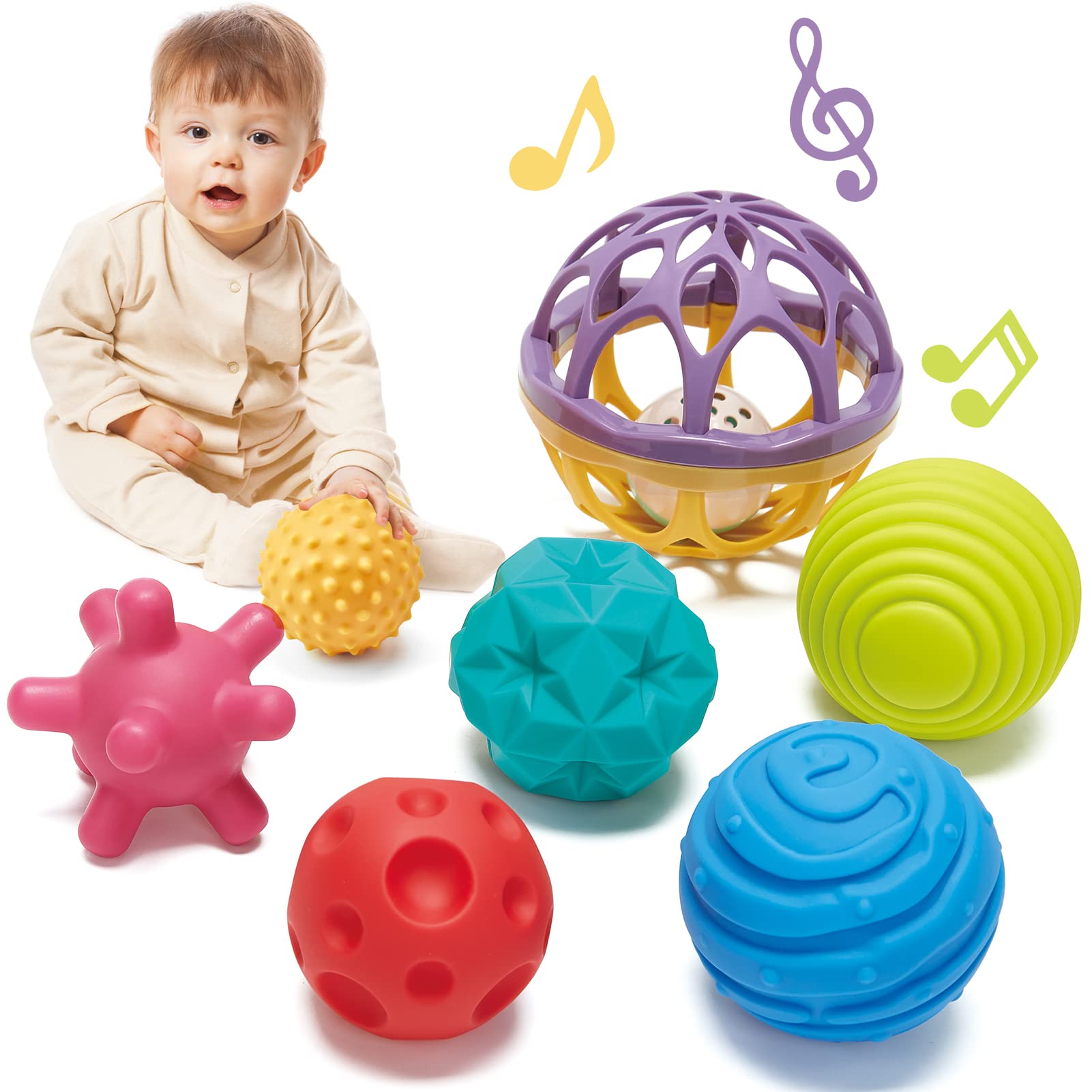 hahaland Sensory Balls for Toddlers 1-3 with Easy Catching Rattle Baby Toys 6-12 Months - Montessori Sensory Toys for Babies and Toddlers Ages 0-2 - 7PCS