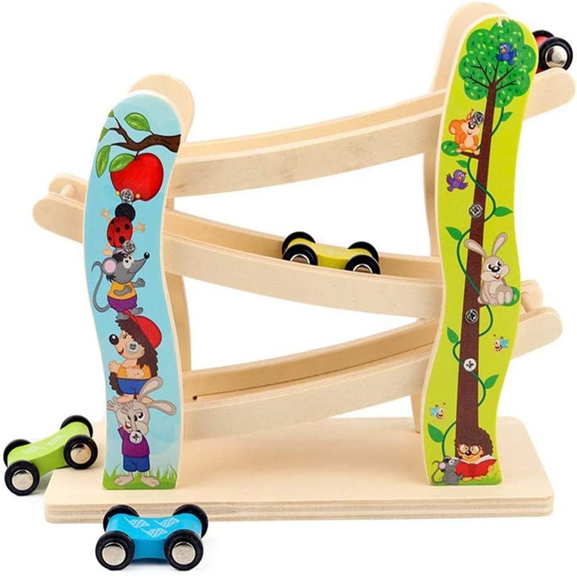 SulfarToddler Toys Race Track, Wooden Race Track Car Ramp Racer With 4 Mini Cars, Educational Creative Toddler Toys For 1-2 Year Old Boy And Girl Gifts