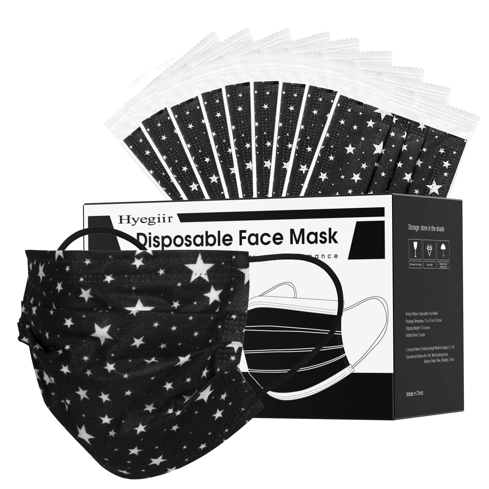 50 Pack Stars Individually Wrapped Disposable Face Mask, 3-Ply Non-woven Pattern Breathable Protective Face masks,Product Mouth and Nose Cover for Adults