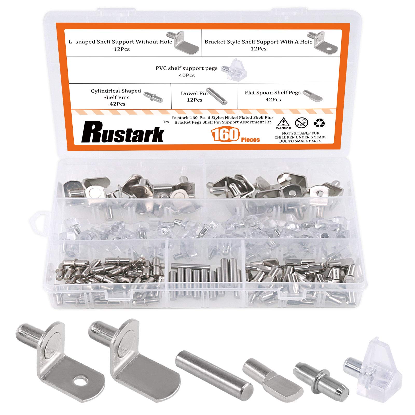 Rustark 160-Pcs 6 Styles Nickel Plated Shelf Pins Bracket Pegs Cabinet Furniture Shelf Pin Support Assortment Kit Perfect for Shelf Holes