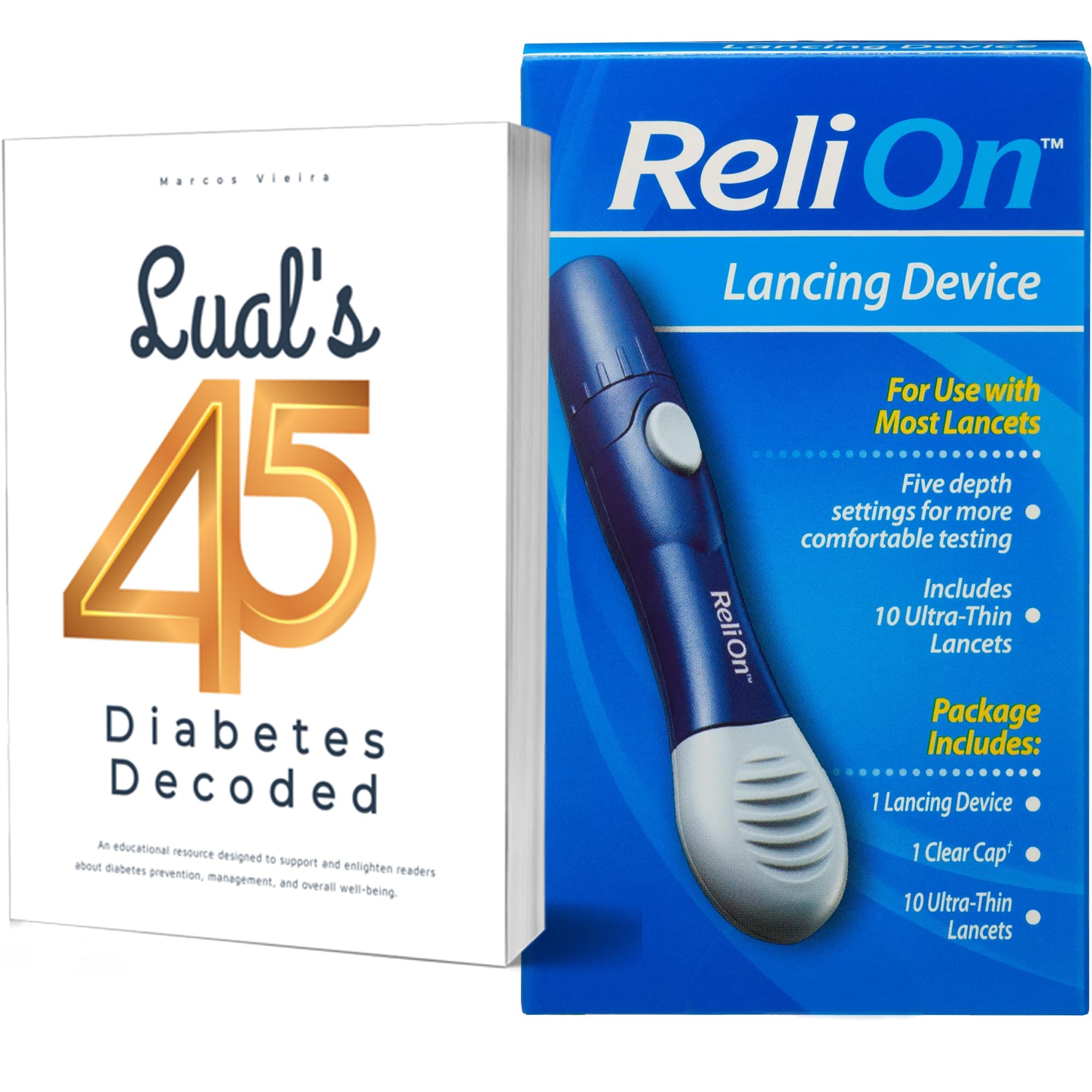 Relion Lancing Device Compatible with Most Brands Bundle with Lual's 45 Diabetes Decoded | 1 Relion Lancing Device Plus + 10 Ultra-Thin Lancets | Lancing devices for blood testing