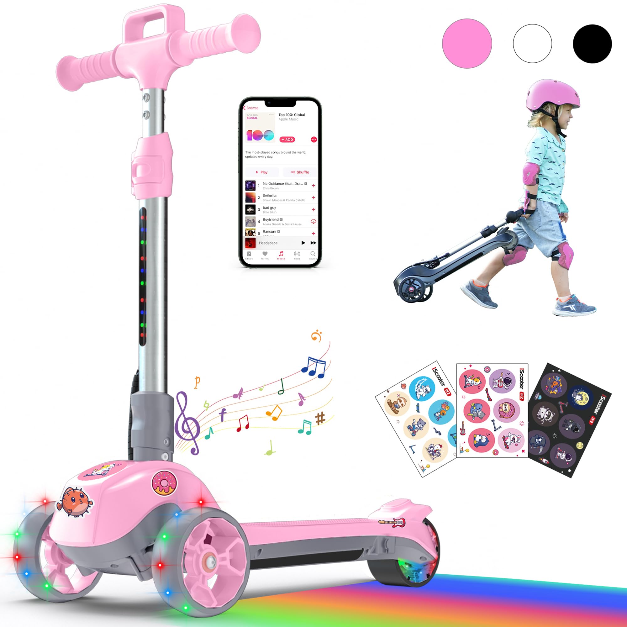 iScooteriK2/iK2pro Electric Scooter for Kids Ages 3-8, Bluetooth Music Speaker, LED Light Wheels, Thumb Accelerator, 3 Adjustable Height Toddler Motorized Scooters, Foldable Scooter for Girls/Boys