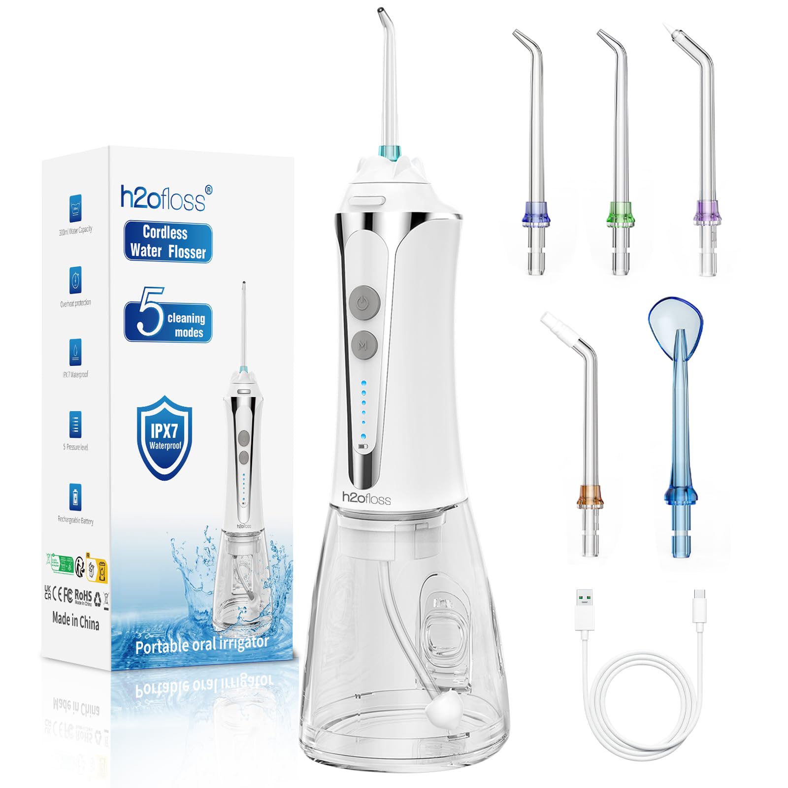 H2ofloss Water Dental Flosser Cordless, 300ML Rechargeable Oral Irrigator for Teeth Cleaning, Portable & IPX7 Waterproof Teeth Cleaner Pick for Braces Home Travel