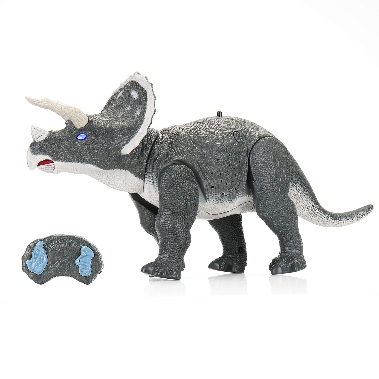 SainSmart Jr. Remote Control Triceratops Dinosaur Robot 14” Long, Electronic Toy with Build-in Speaker and Glowing Eyes, Walking Dino for Kids Age 3 and Up