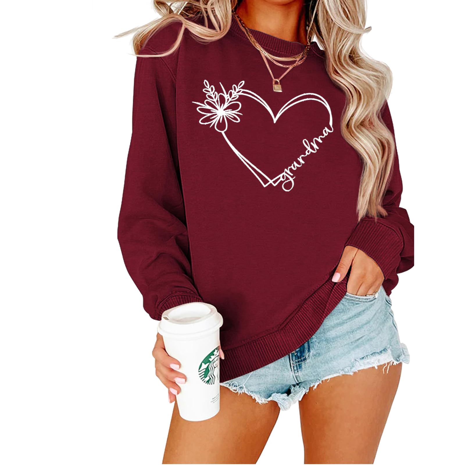 NANAKI GRANDMA HEART Printed - Womens Sweatshirt Casual Crewneck Loose Pullover Tops Long Sleeve Graphic Tee Shirt