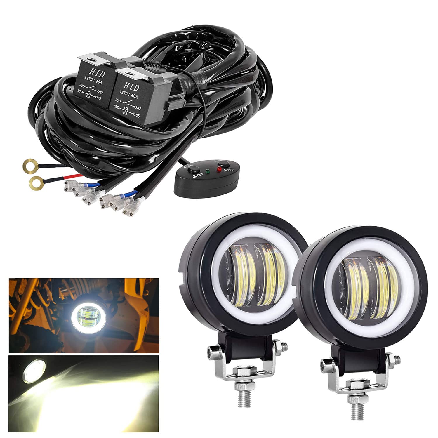 Kairiyard3inch LED Motorcycle Driving Lights 60W 6000K Auxiliary Spotlights with DRL/Angel Eye Off Road Light Pod 6000lm for Motorcycle Truck SUV UTV ATV Tractor, with Light Wiring Harness